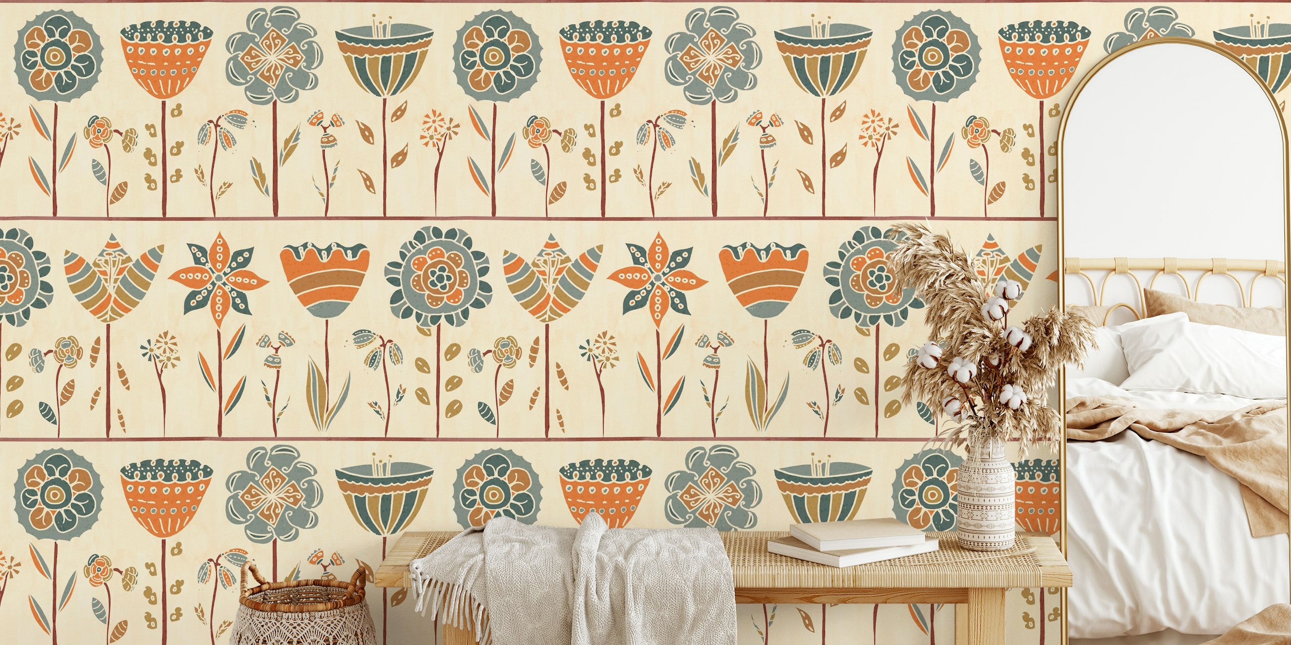 Scandinavian floral garden wallpaper in a room
