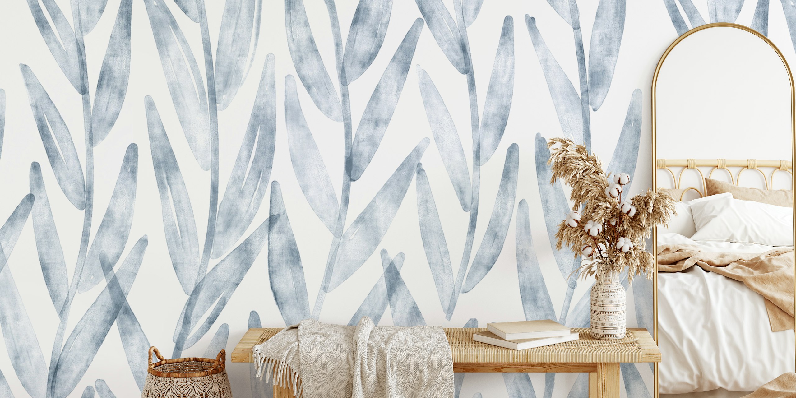 Papel de parede Watercolor Willow Leaves em um cômodo