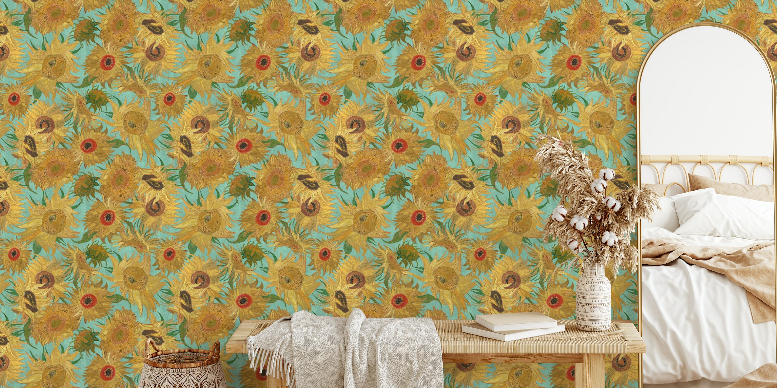 Van Gogh-inspireret solsikkemønster vægmaleri med gul, aqua, grøn, okker og rød farver på happywall.com