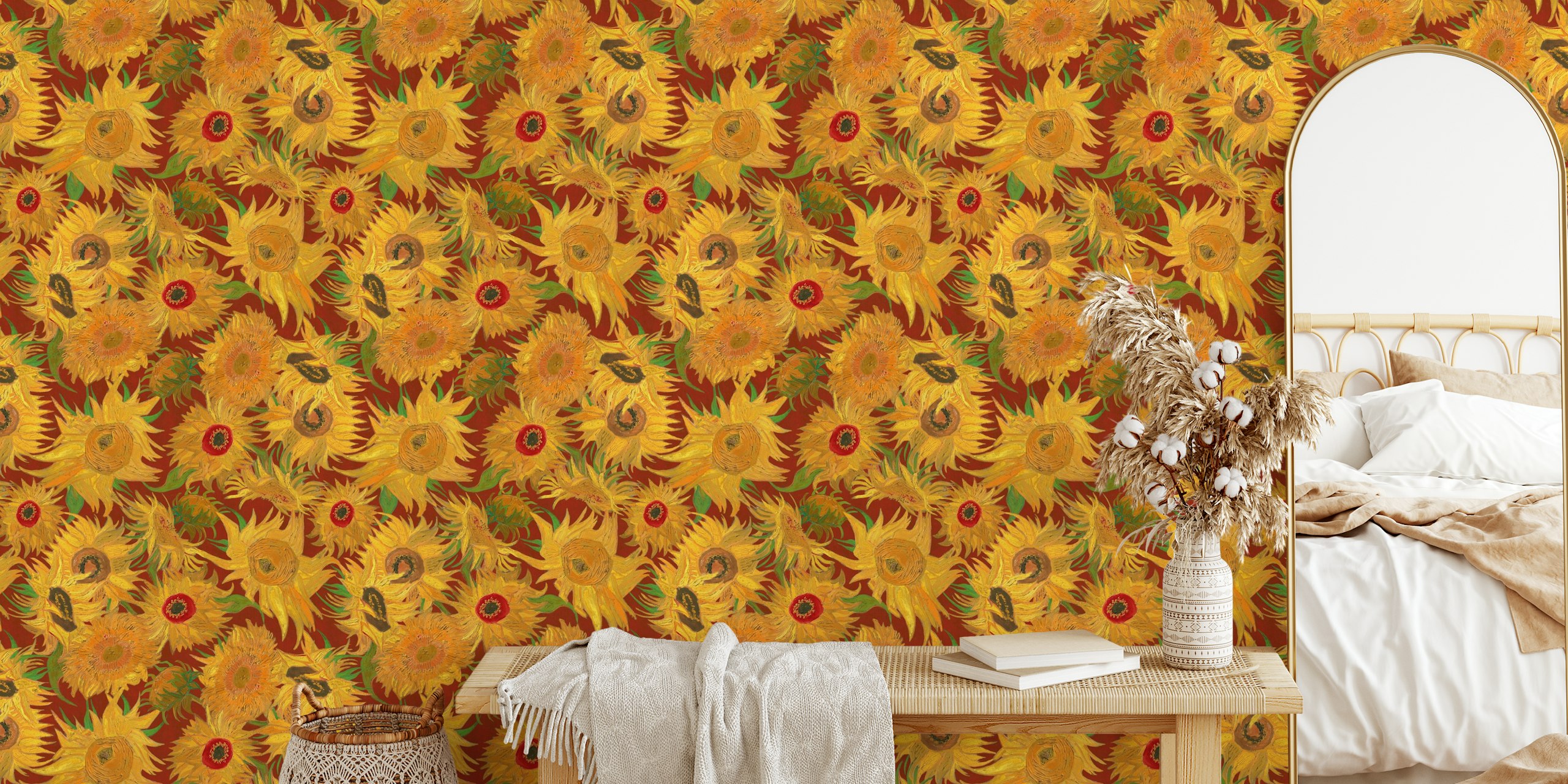 Van Gogh sunflowers wallpaper in a room