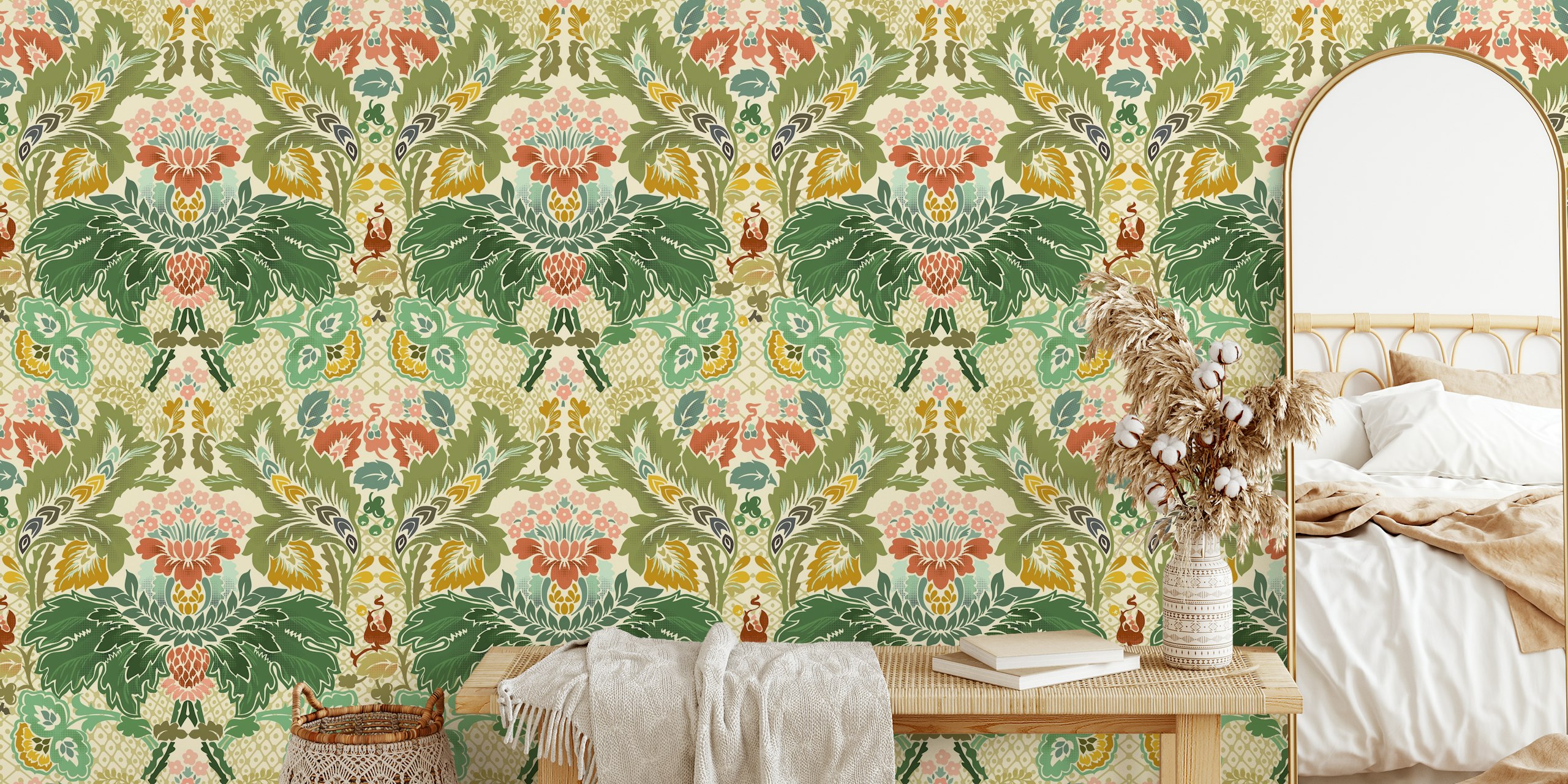 Vintage floral damask pattern in green and pink on ivory wallpaper
