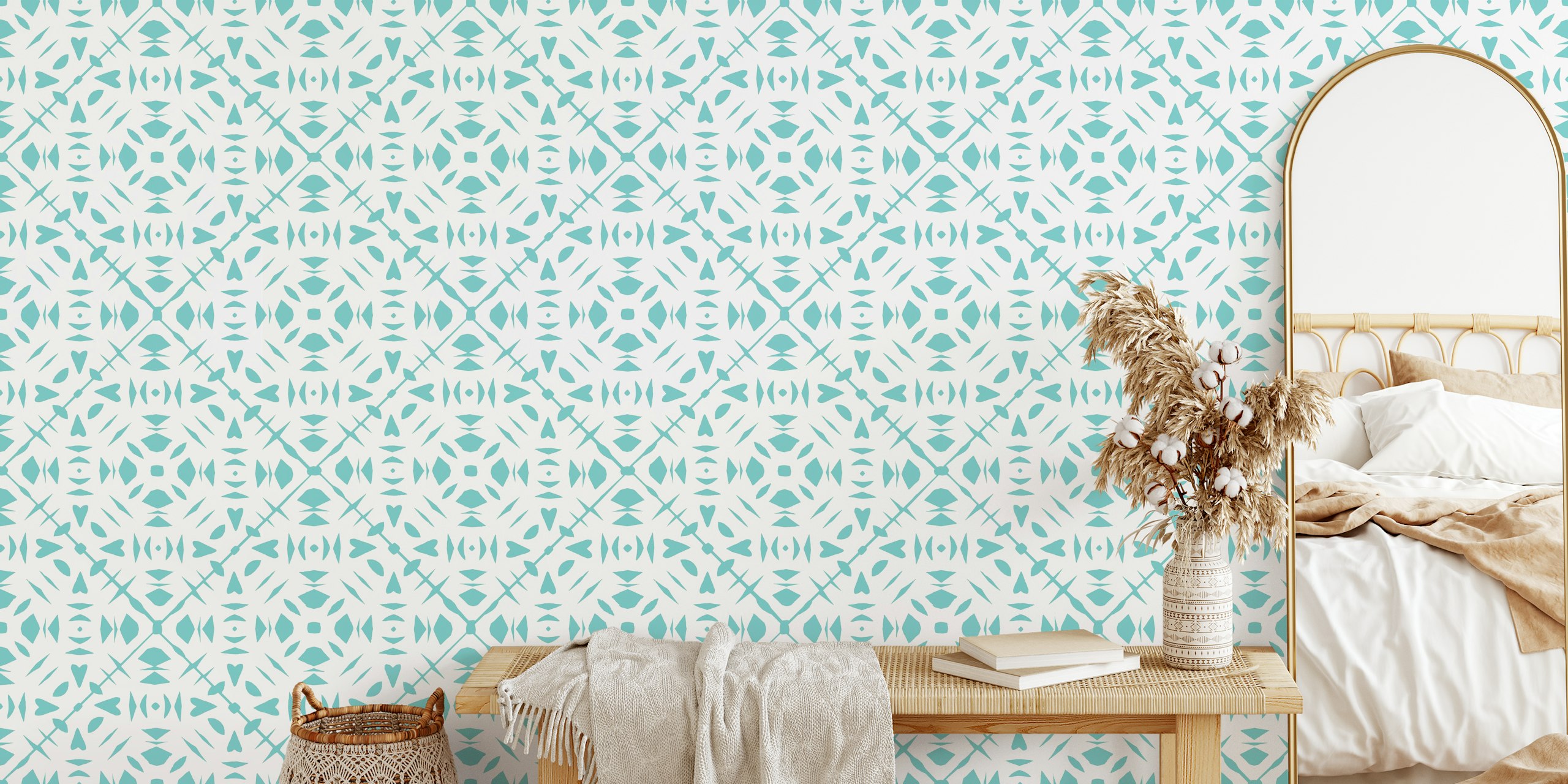 Geometric turquoise and beige pattern wallpaper