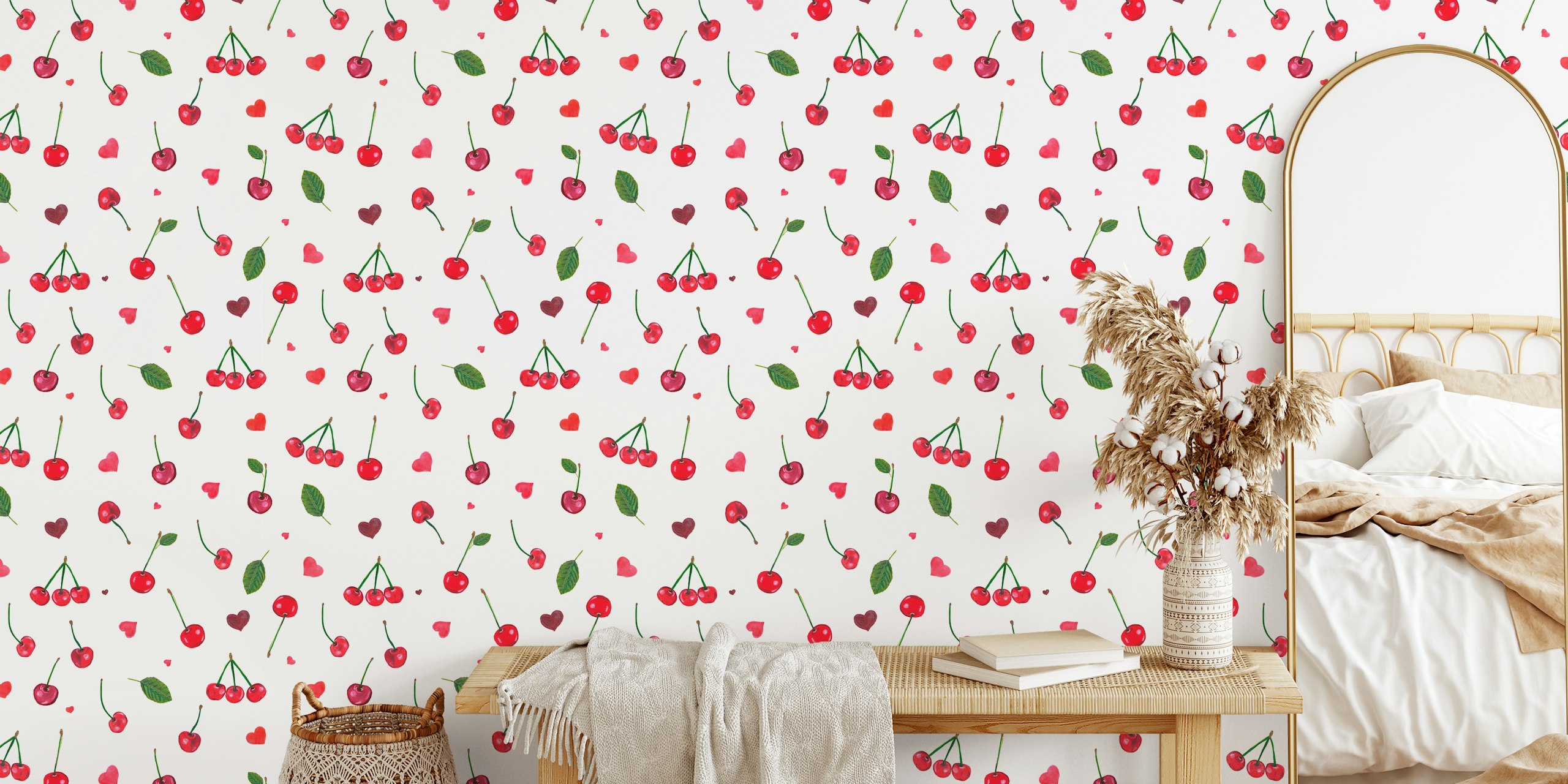 Red cherries and hearts pattern on white wallpaper