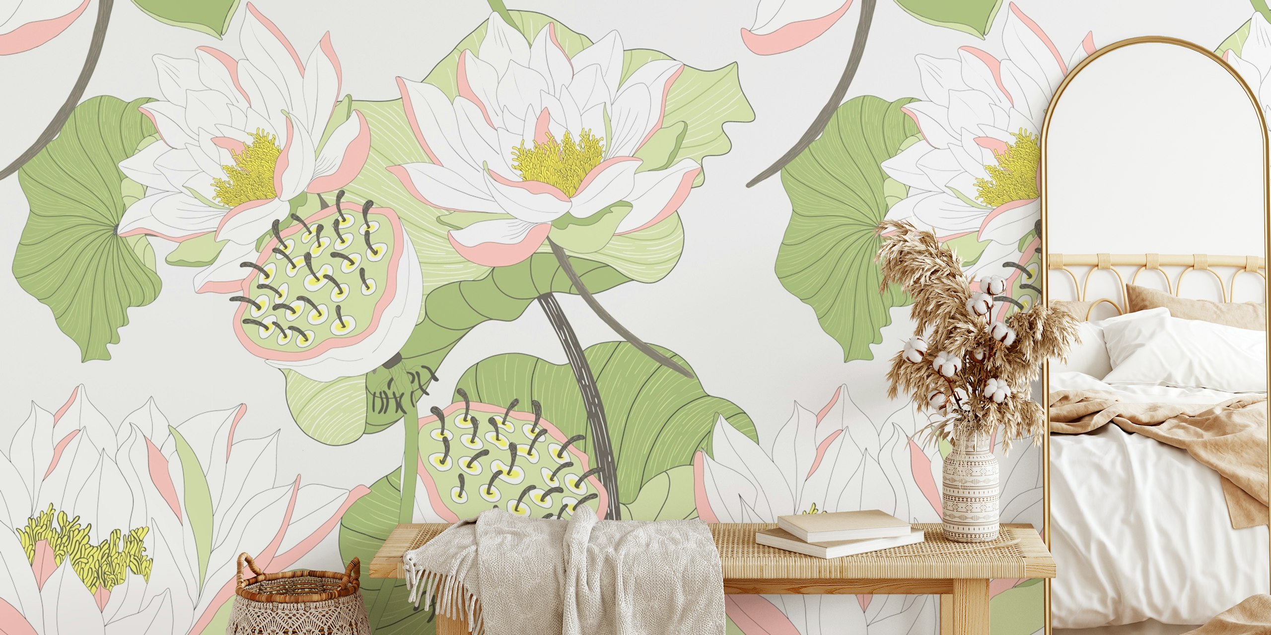 Elegant water lilies wall mural with a soft, muted color palette