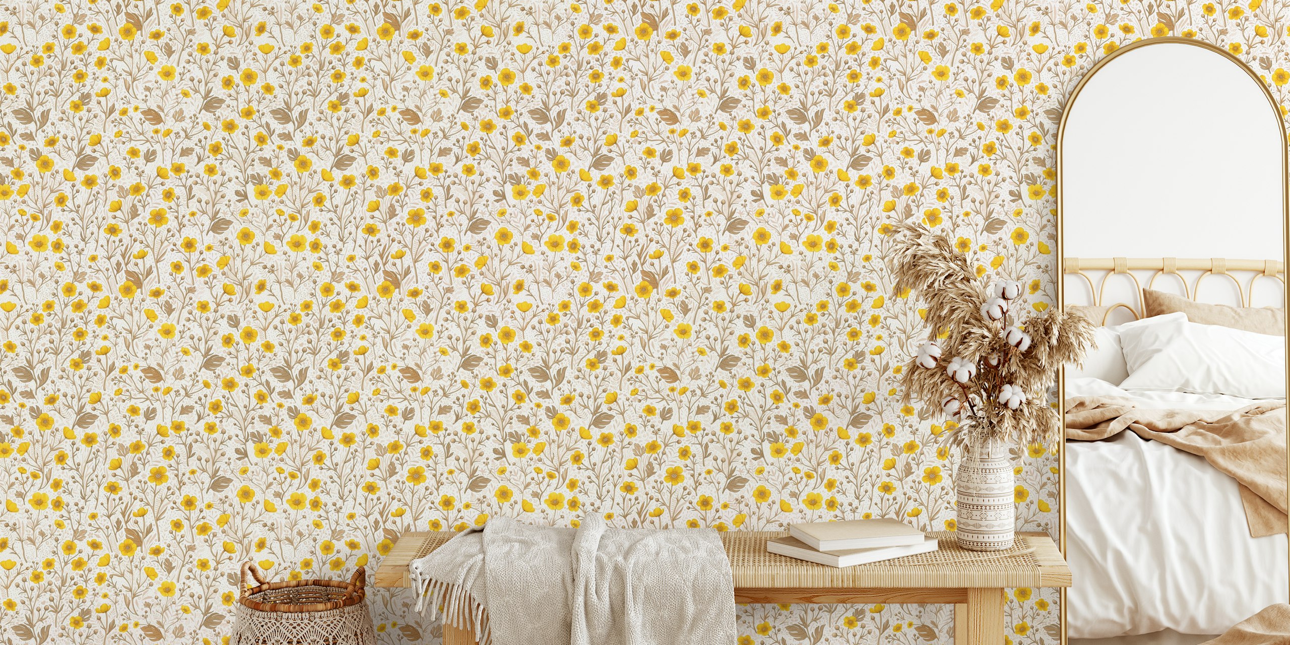 Buttercups yellow and brown floral wallpaper