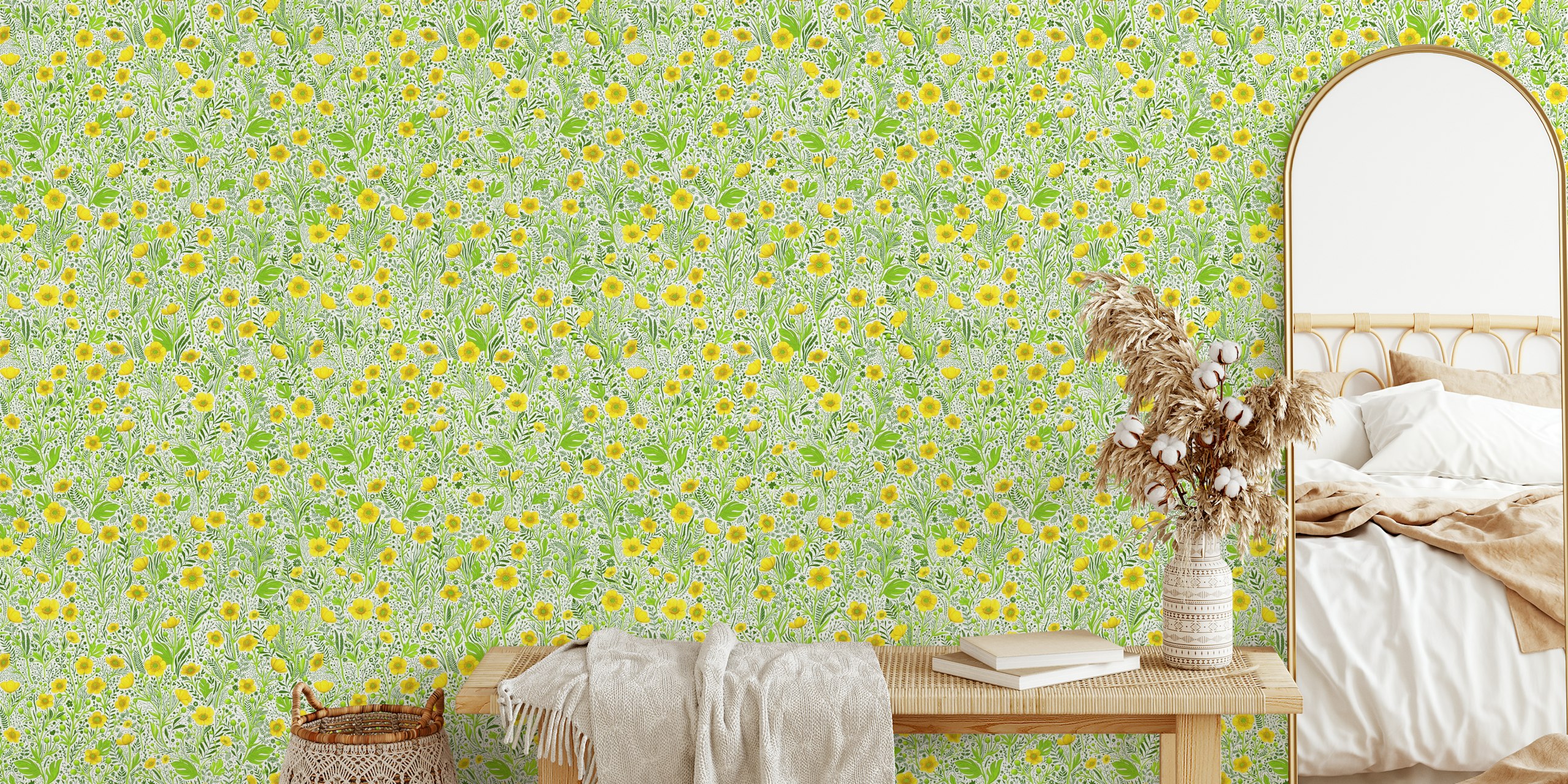 Yellow floral pattern with green leaves wallpaper