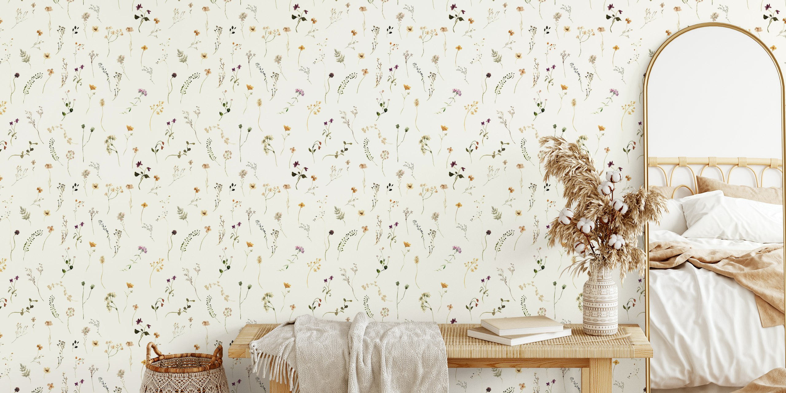 Delicate floral pattern in pastel colors on cream wallpaper