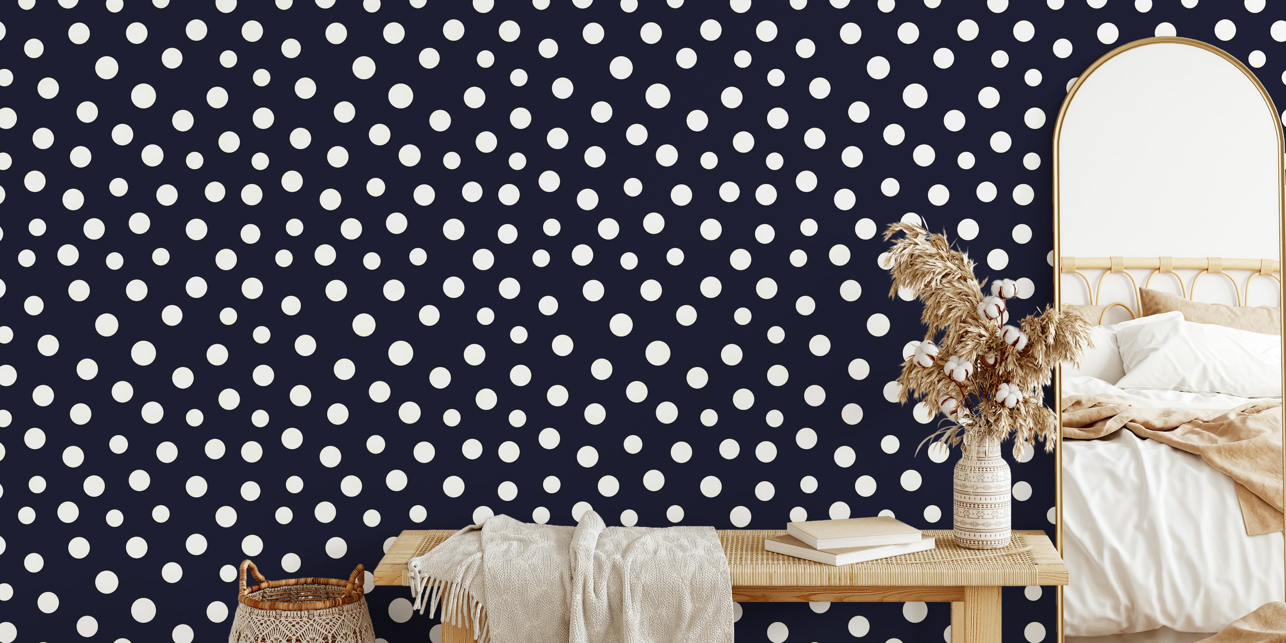 Marineblaue Fototapete mit goldenem und weißem Punktmuster