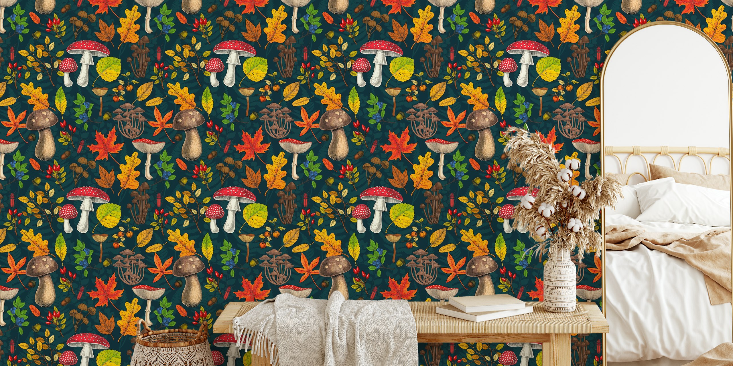 Autumn-inspired wall mural with mushrooms, leaves, nuts, and berries on a dark blue background