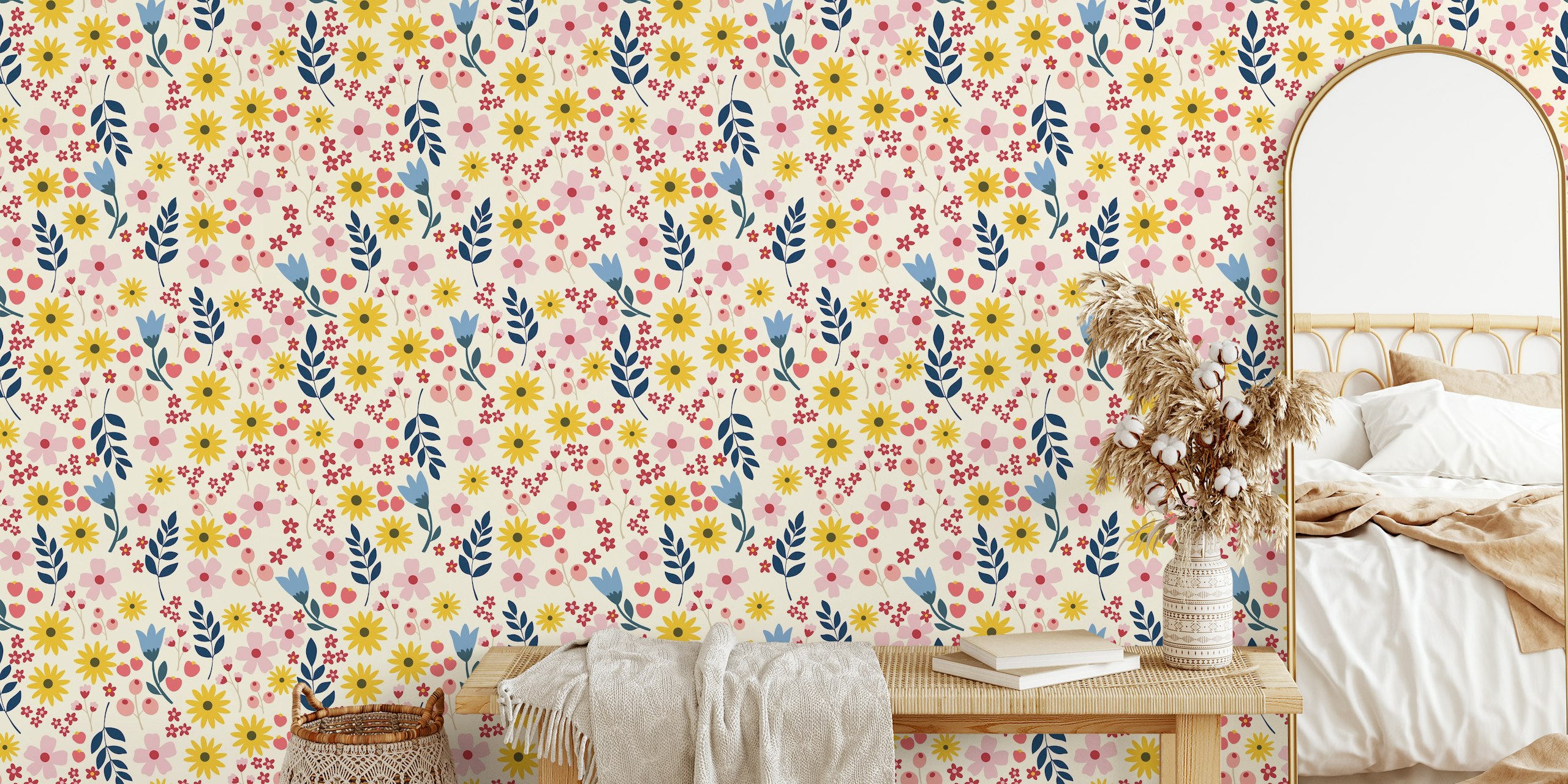 Papel de parede Wild flowers and leaves em um quarto