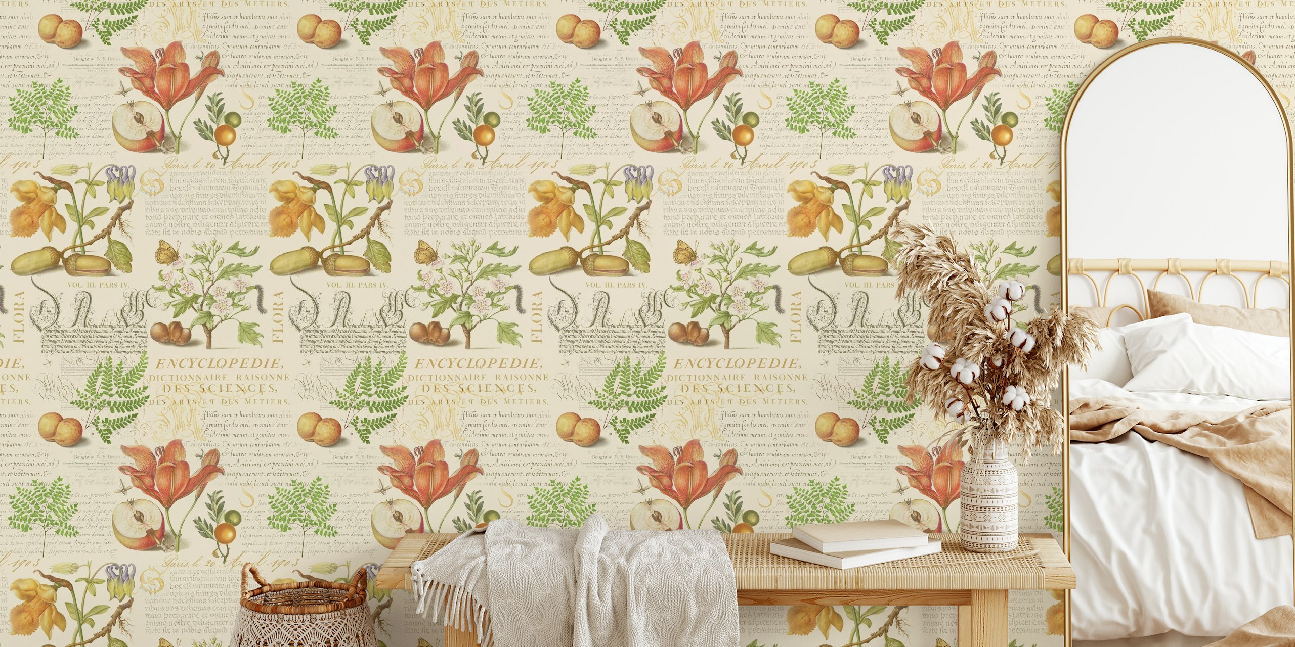 Botanische wallpapers met fruit en kalligrafie