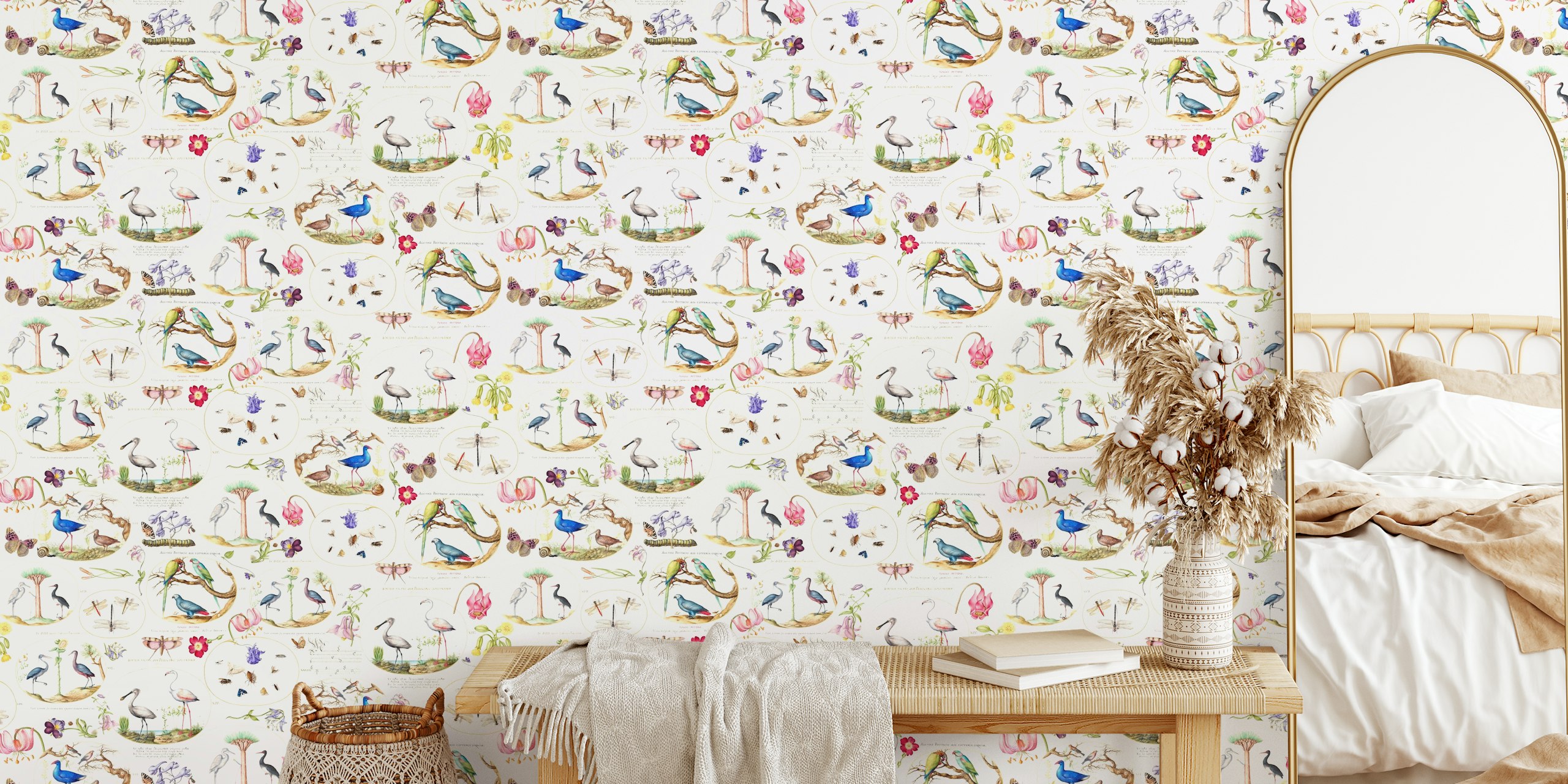 Papel de parede botânico antigo com flores e pássaros