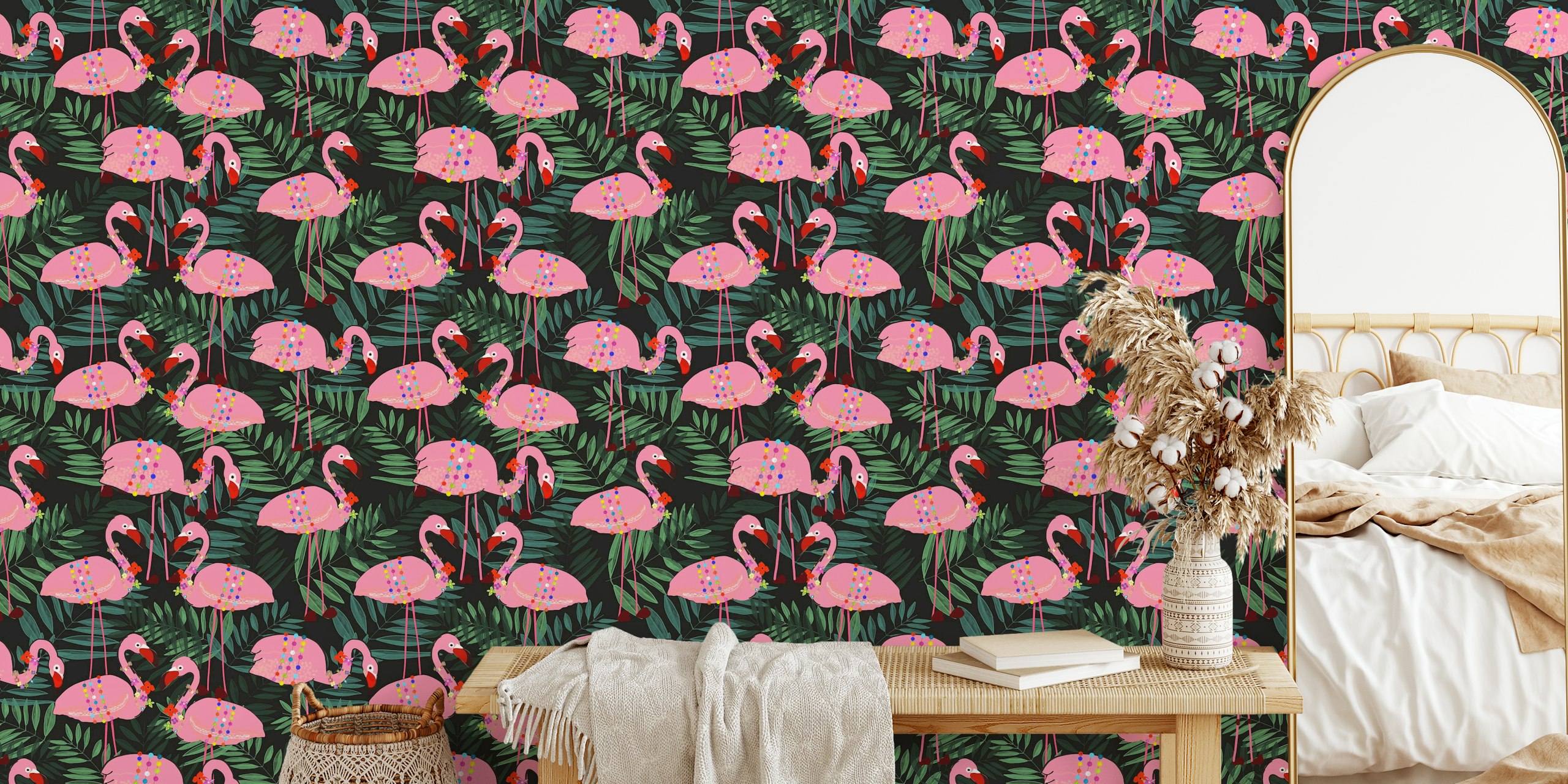 Pink flamingos with tropical flowers on black background wallpaper