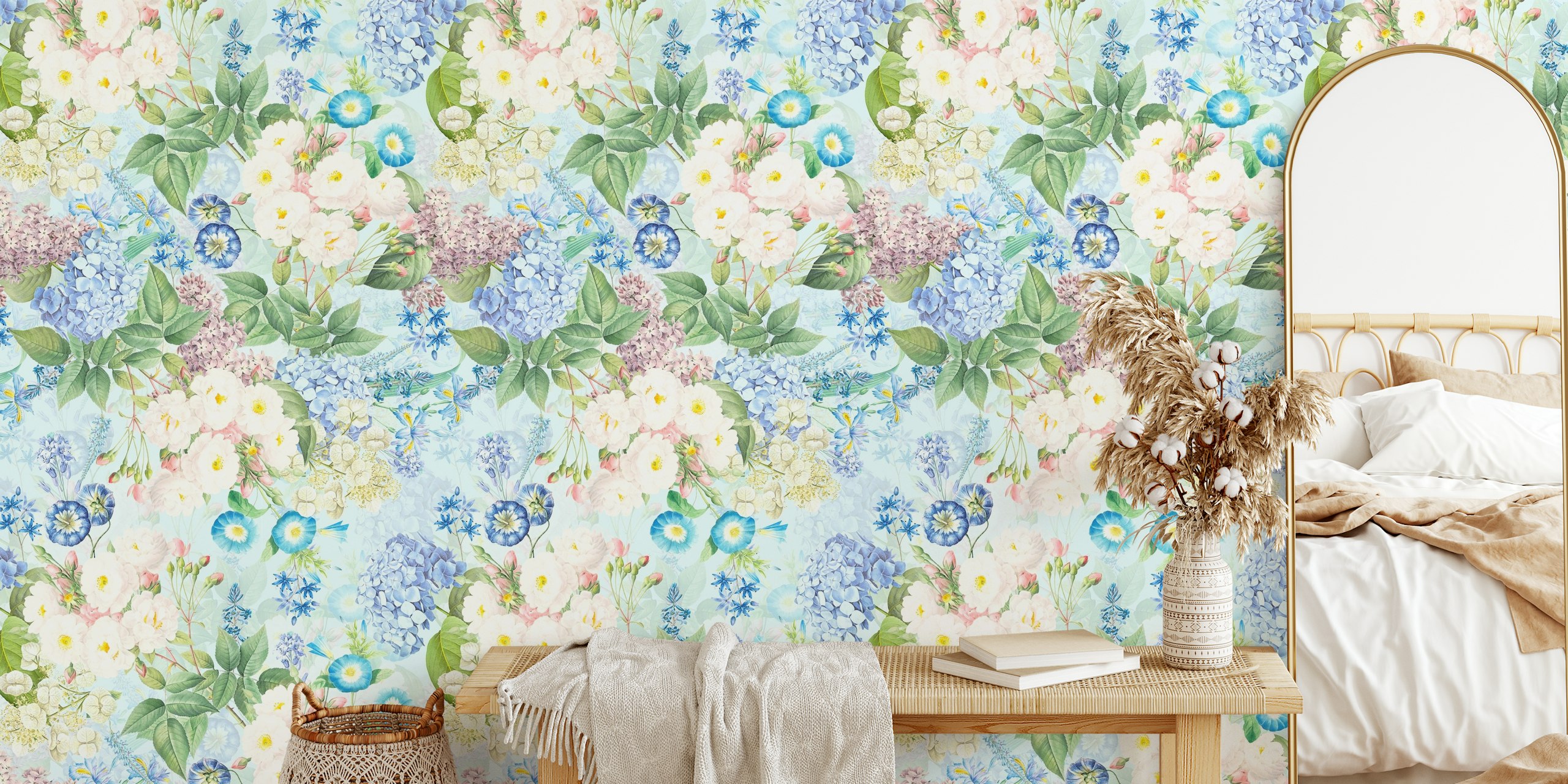 Blue vintage rose garden wall mural with blooming flowers and lush greenery