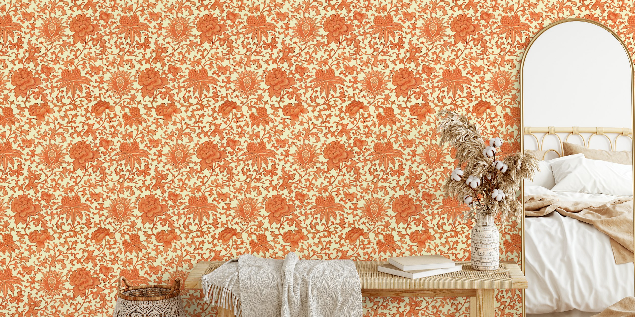 Vintage floral wallpaper in orange with intricate designs