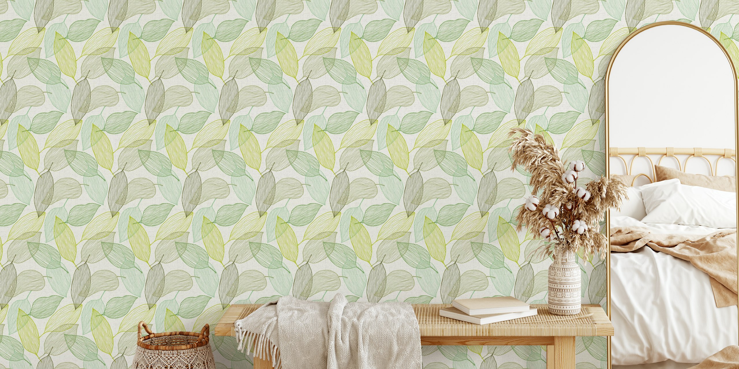 Papel De Parede Leaves Line Green Em Um Cômodo