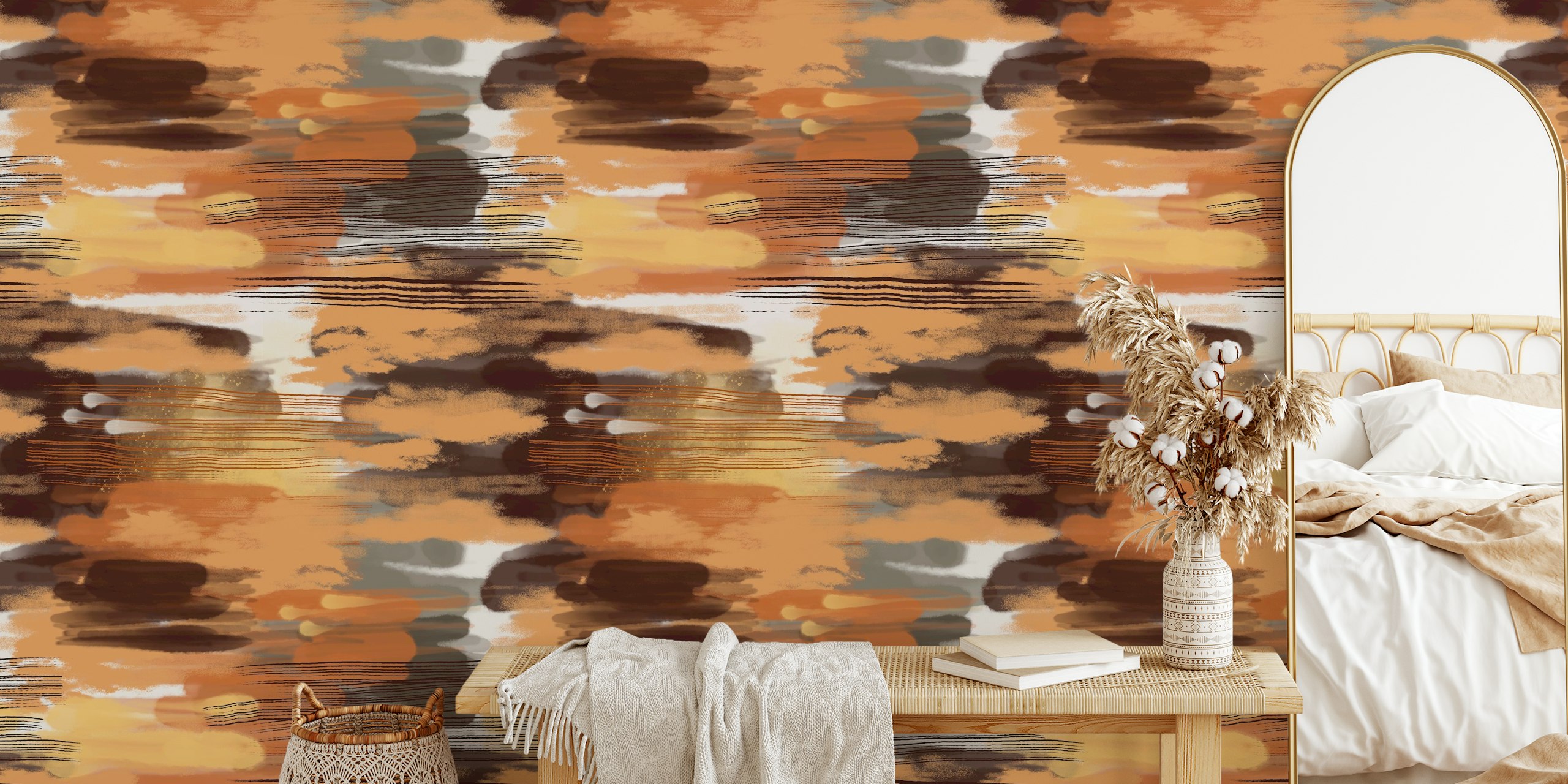 Abstract brushstroke patterns in peach, rust, and brown colors wallpaper