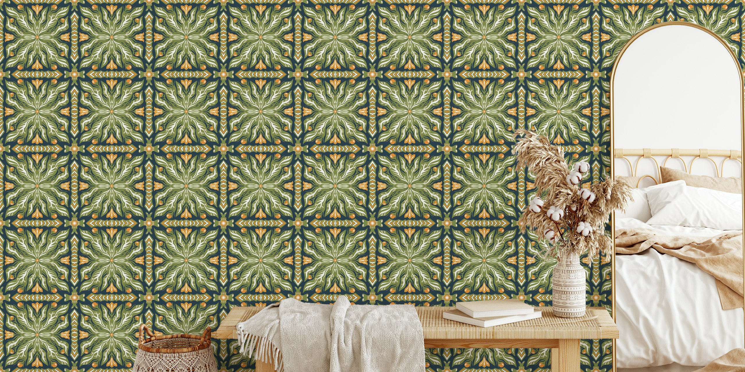 Green symmetrical garden pattern wall mural with intricate nature-inspired designs and gold accents.