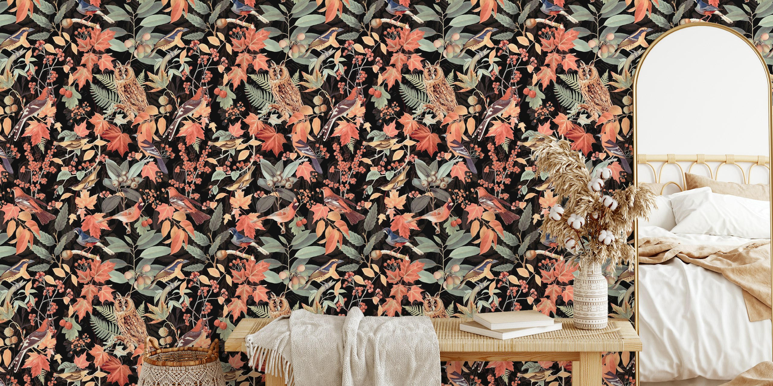 Autumn owl impression papel de parede em um quarto