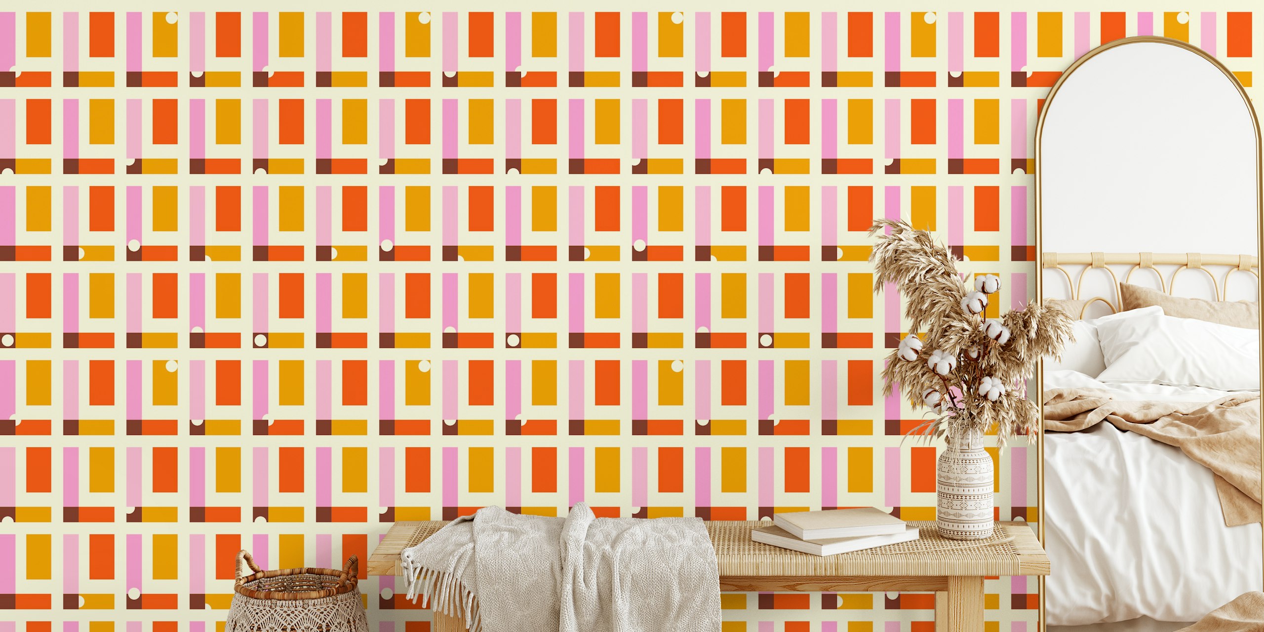 Happy retro checks pink and orange wallpaper design