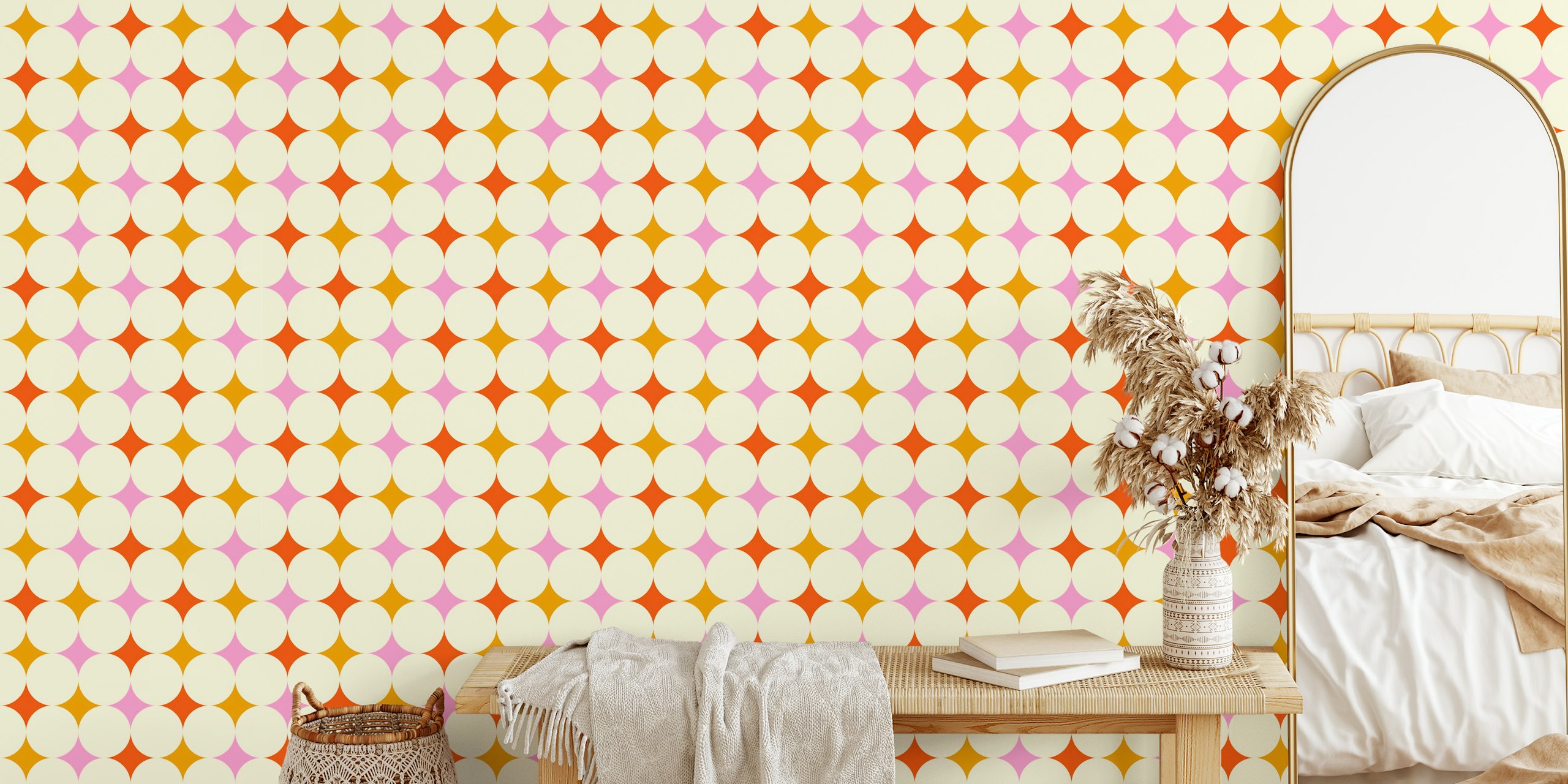 Colorful retro diamond pattern in pink, orange on cream wallpaper