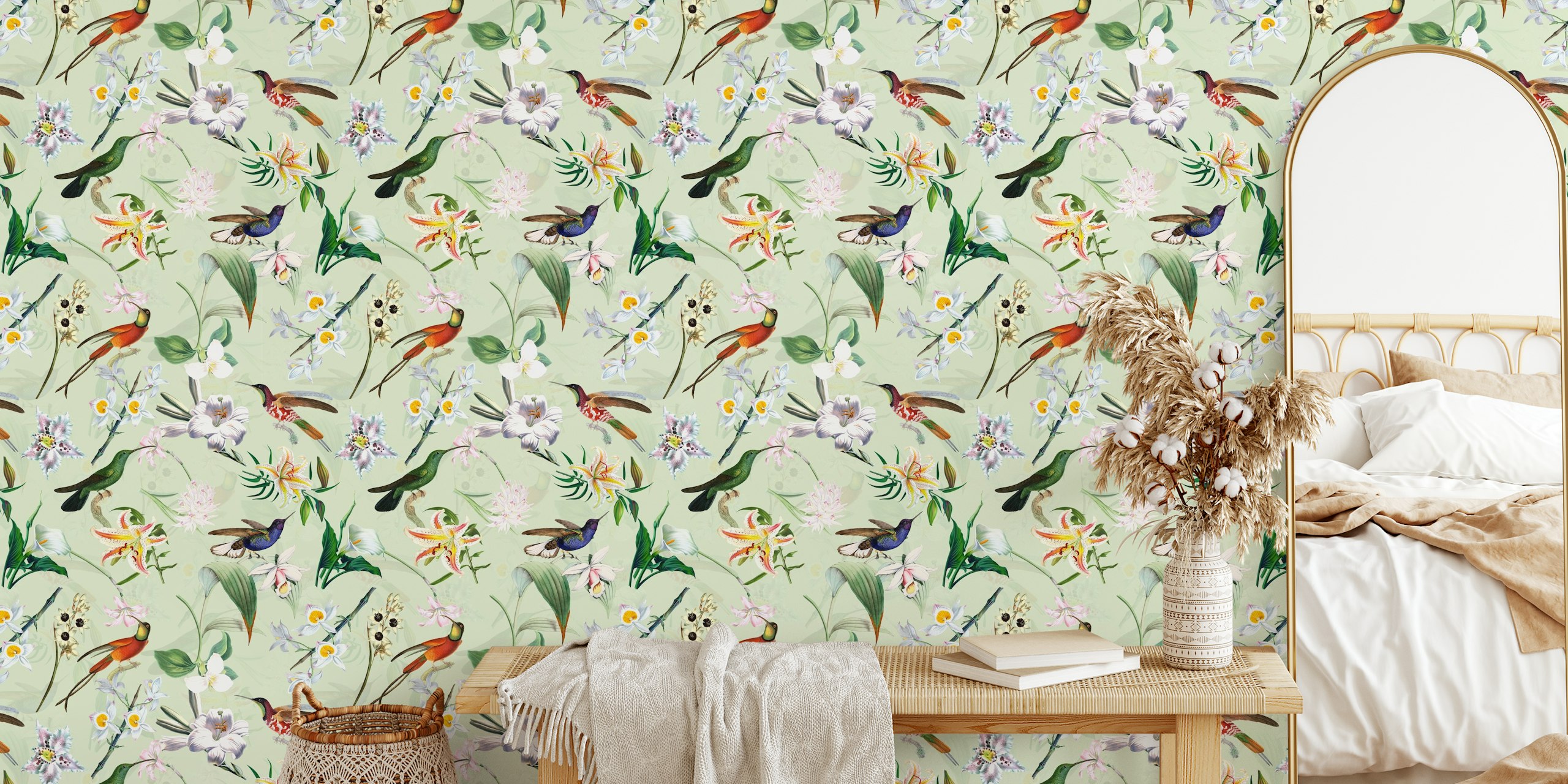 Tropical hummingbirds and flowers in pastel colors wallpaper