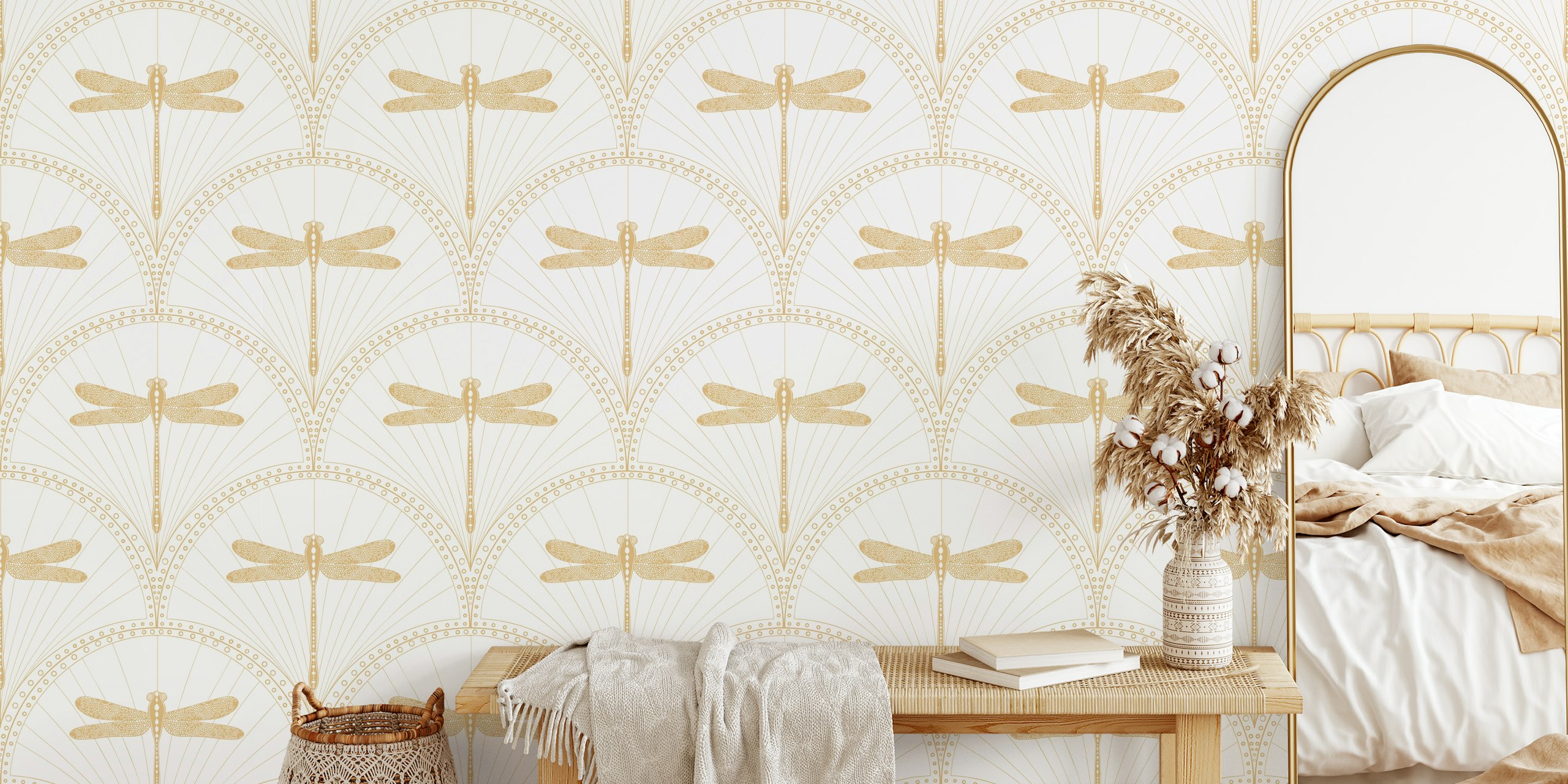 Golden dragonflies on a white background wallpaper