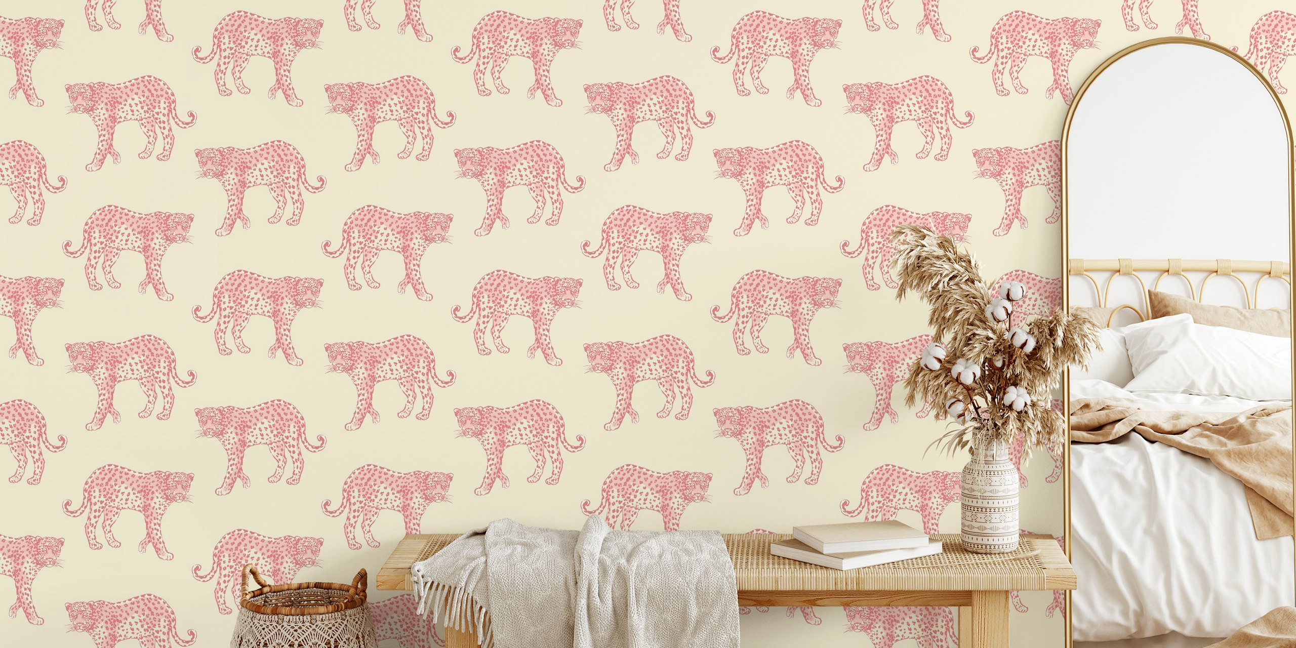 Pink leopard pattern on beige background wallpaper