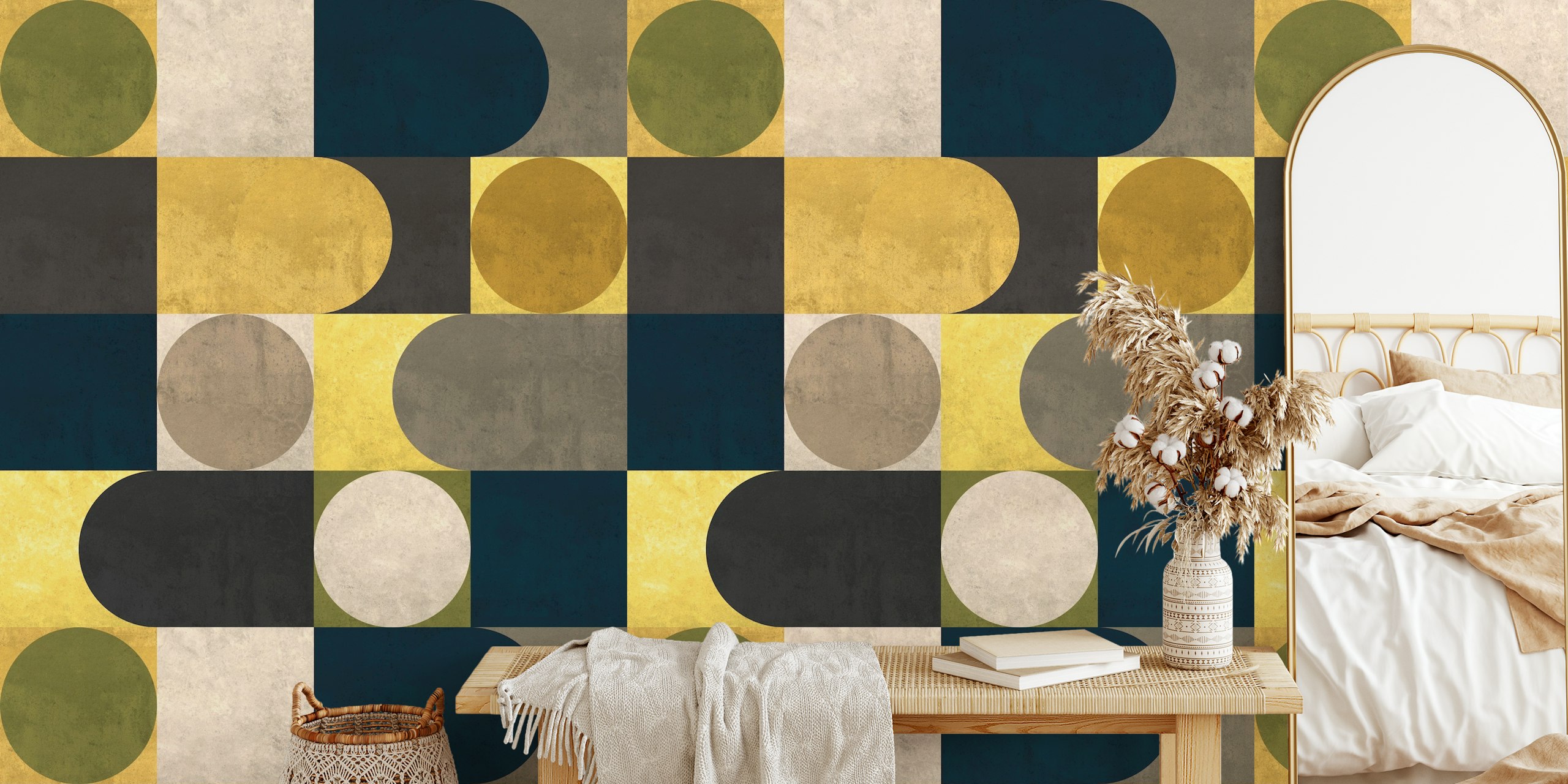Geometric vintage wallpaper design in a room