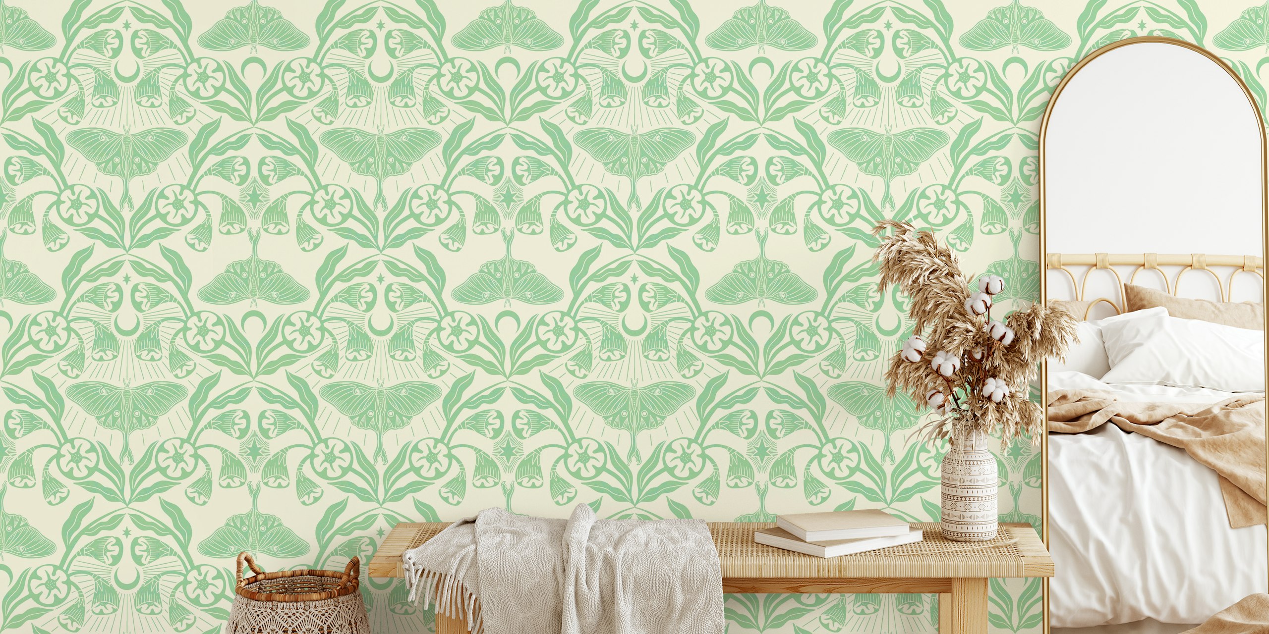 Luna moth and moonflowers in green floral wallpaper