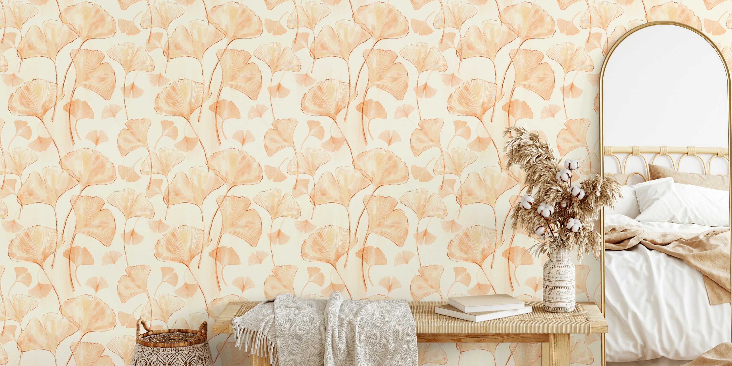 Peach ginkgo leaves in delicate design wallpaper