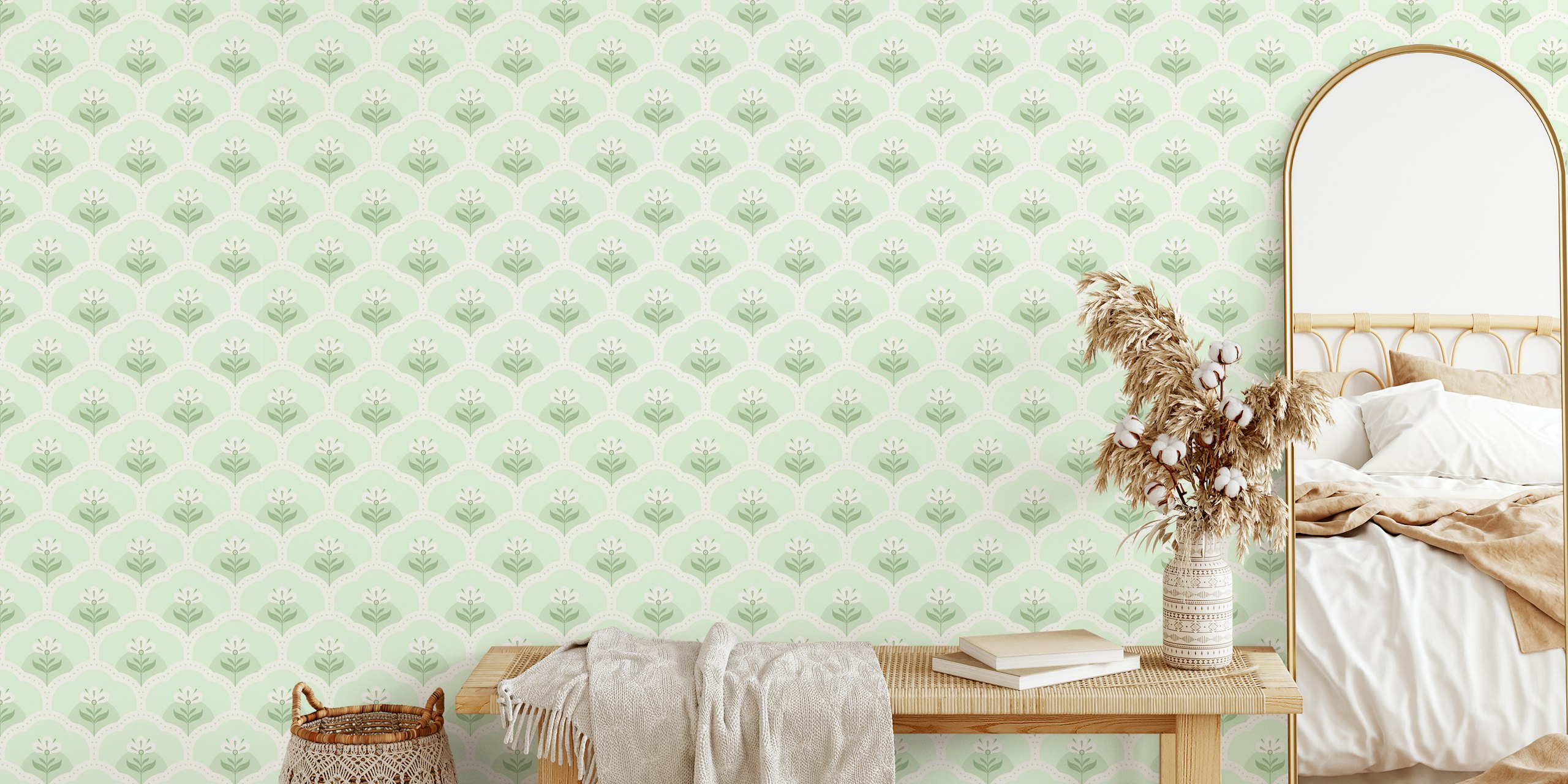 Light green scallop pattern with floral elements wallpaper