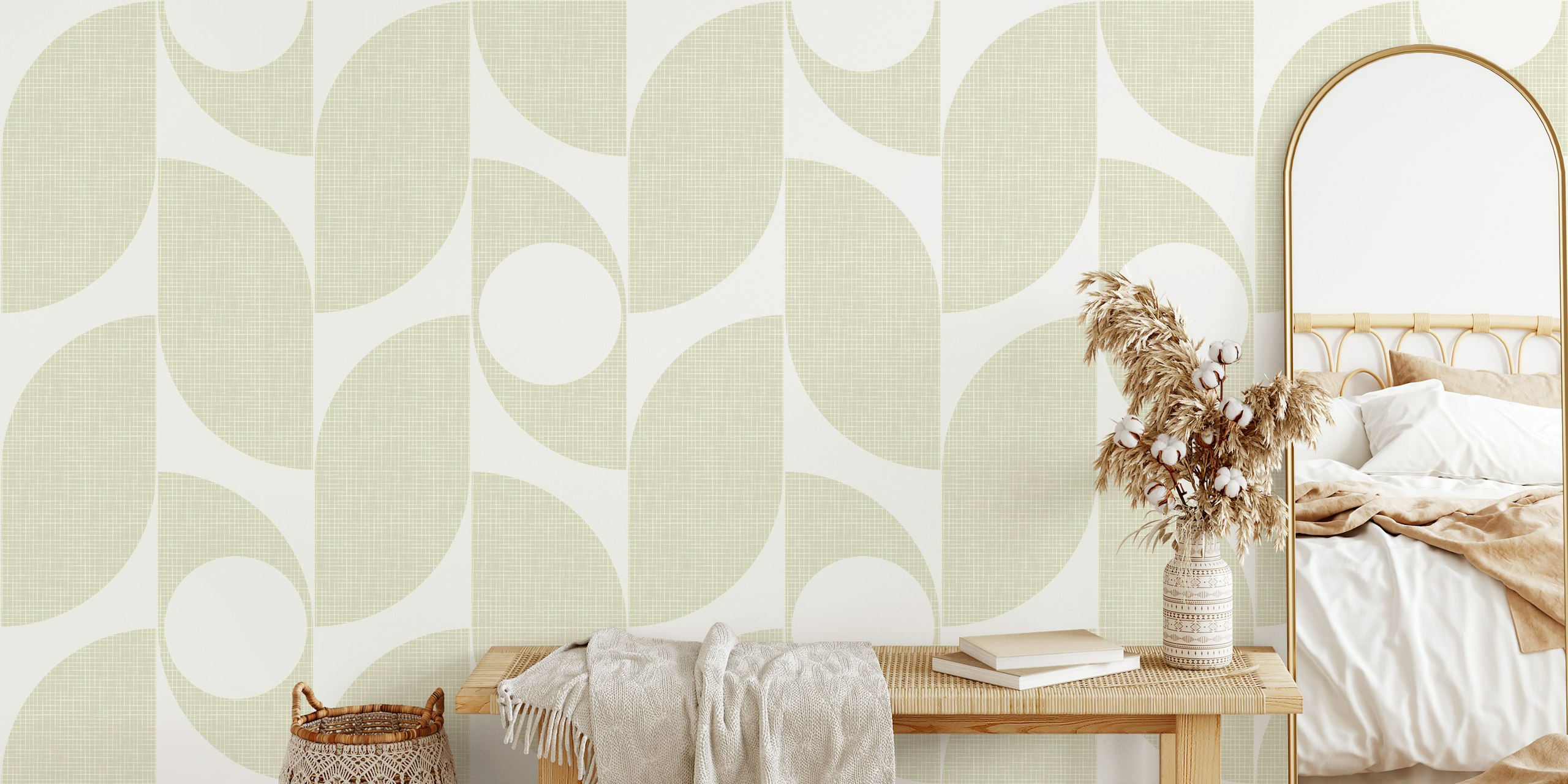 Papel de parede Mid century leaves grey linen em um quarto