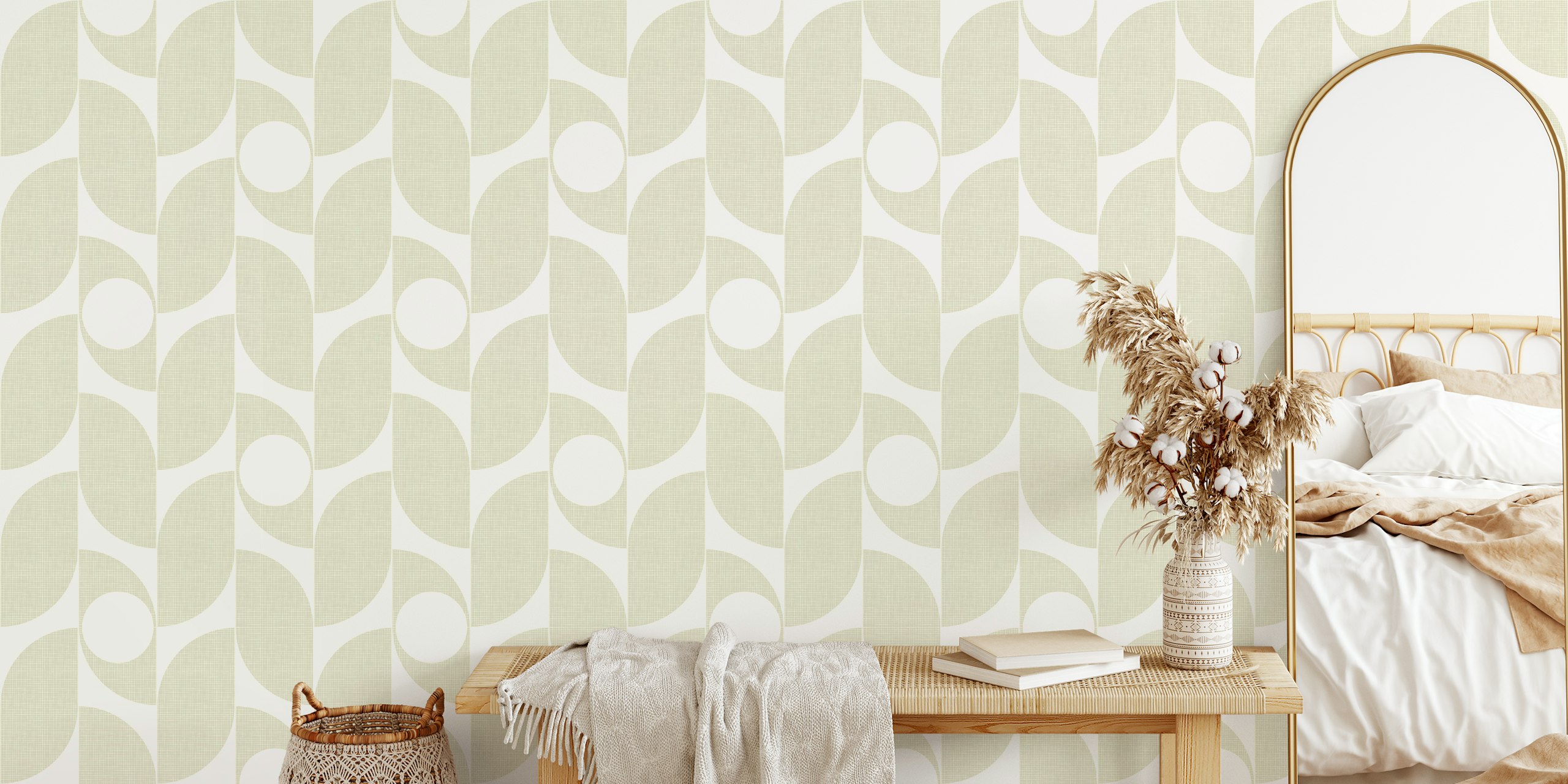 Beige linen texture with mid century minimalist pattern wallpaper