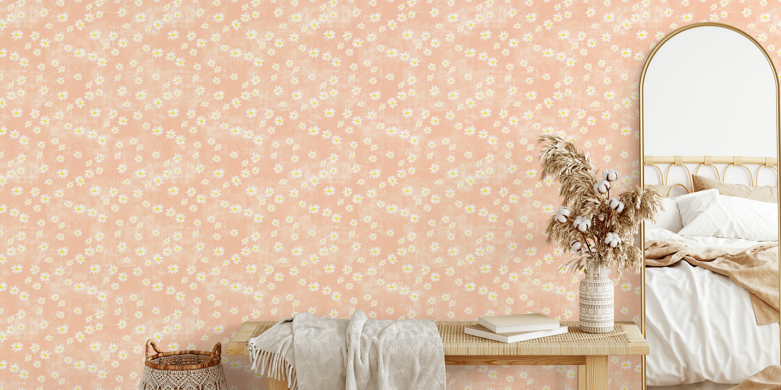 Daisies on peach fuzz wallpaper in a room