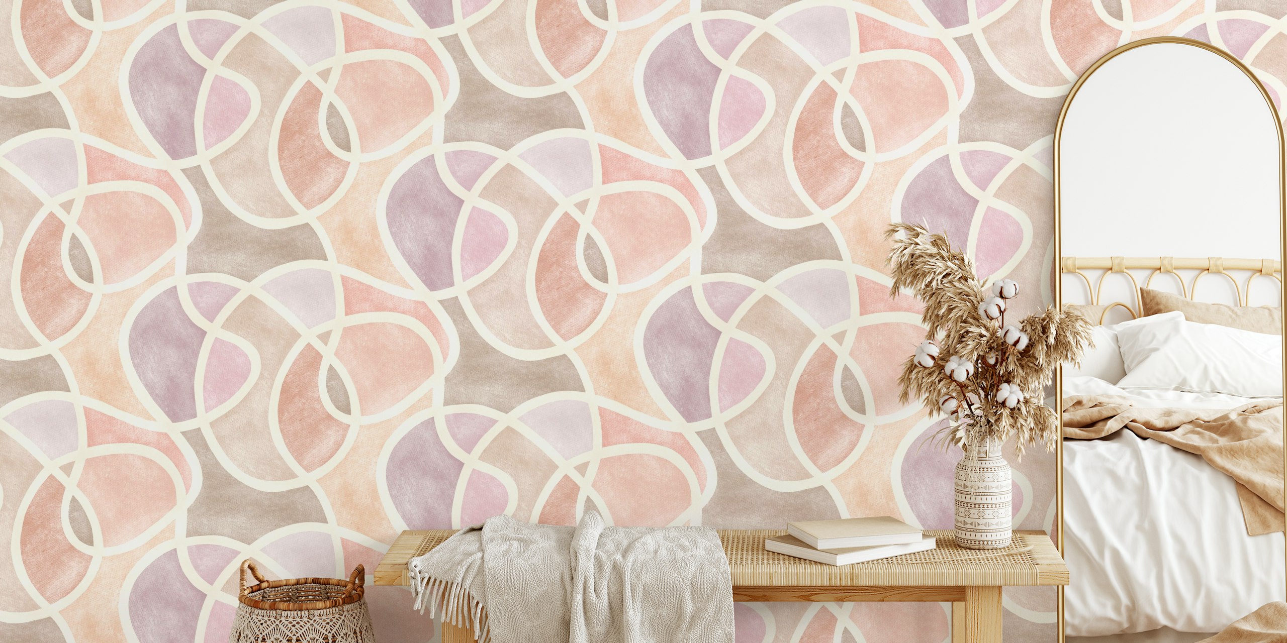 Abstract pastel shapes in pink and beige brushstroke wallpaper