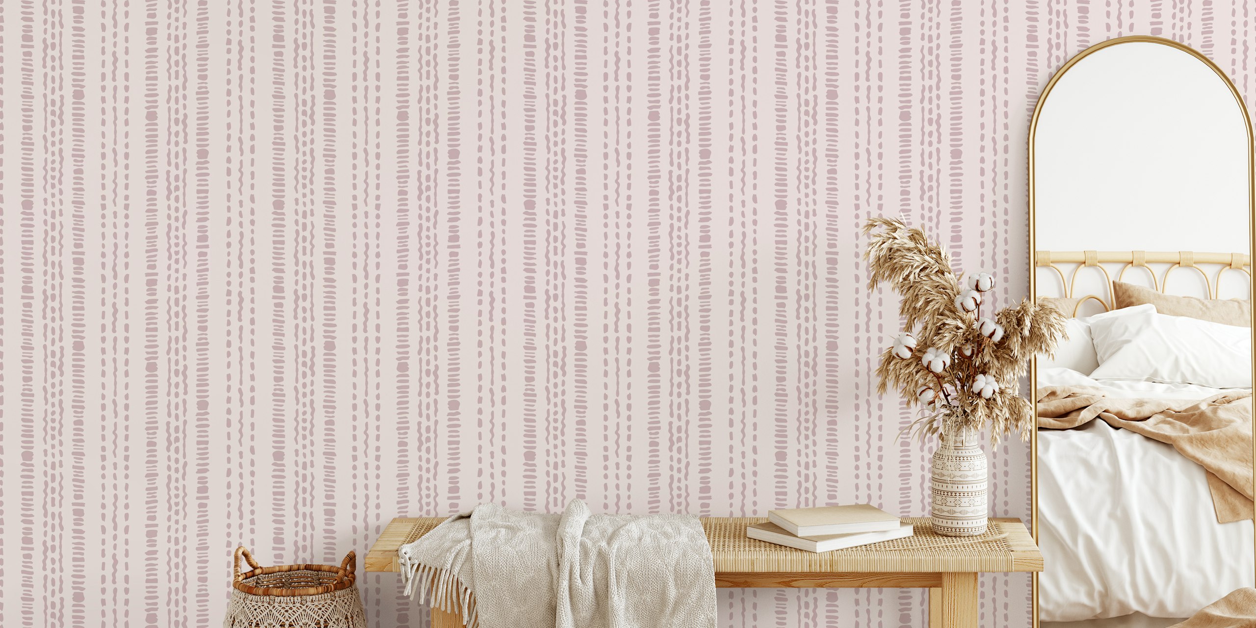 Vertical striped pale rose and mauve boho wallpaper
