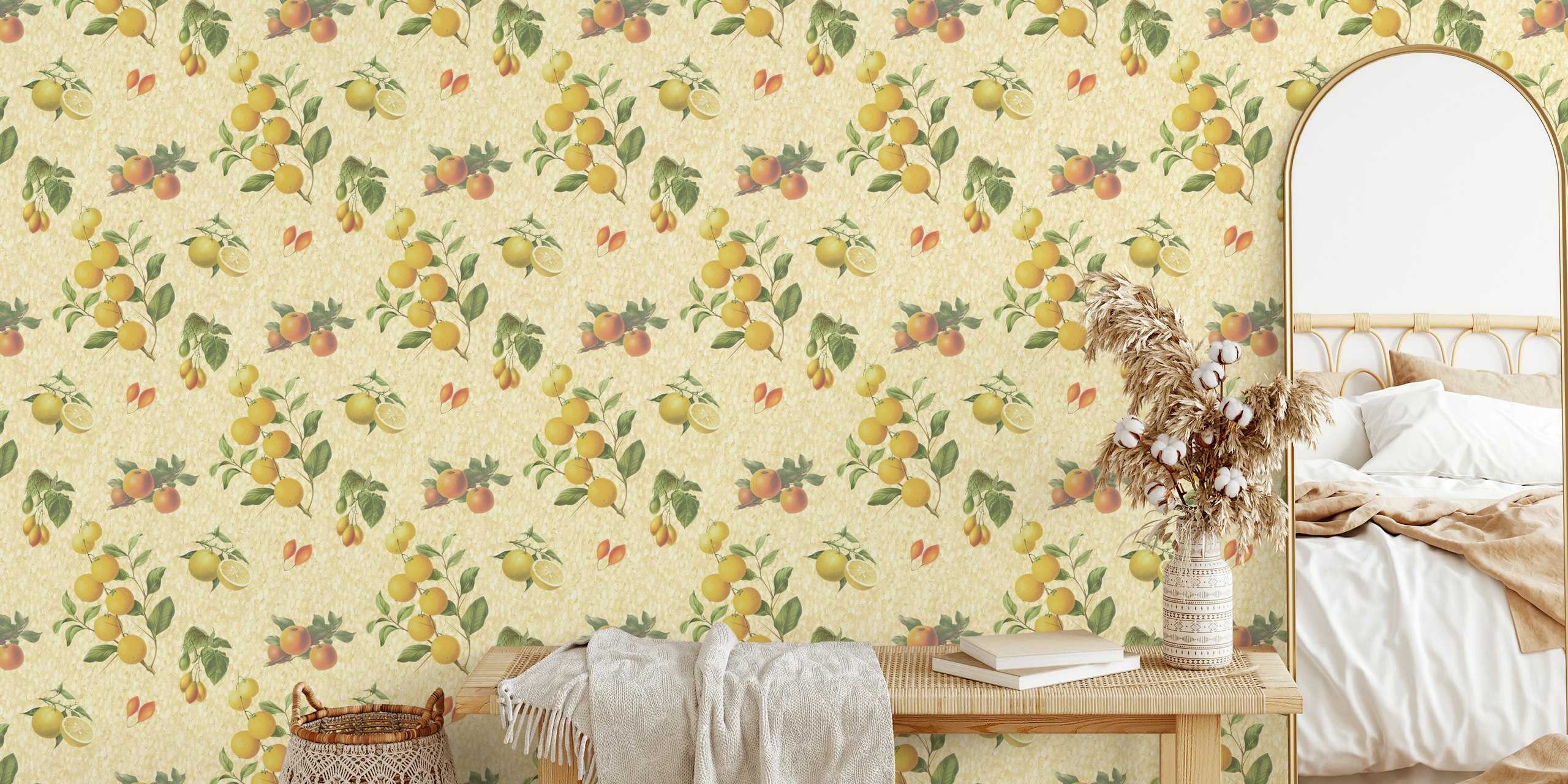 Vintage lemon wallpaper in a bright room