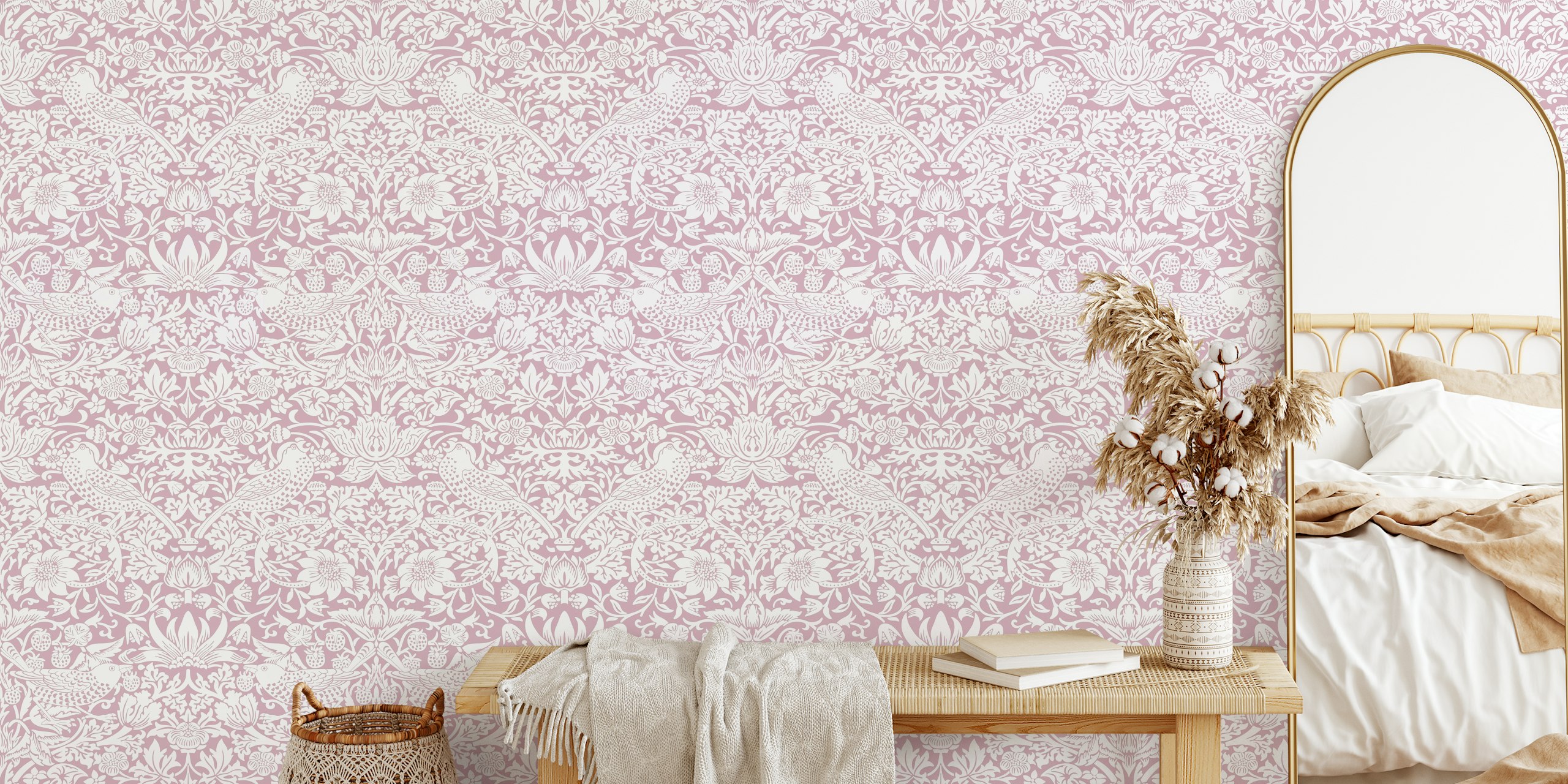 Pink floral wallpaper with white bird and plant patterns