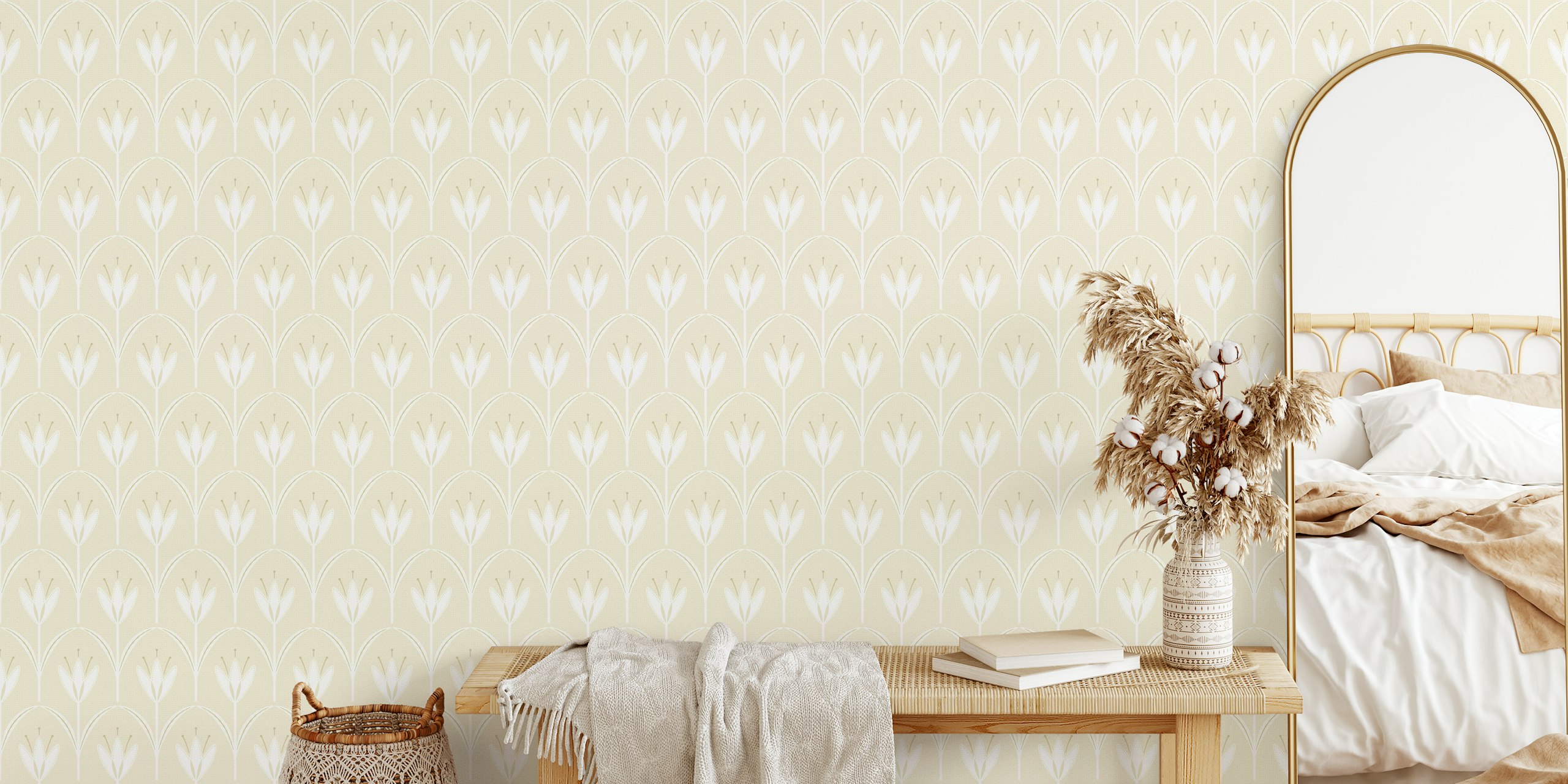 Papier peint mural délicat à petit motif floral blanc cassé