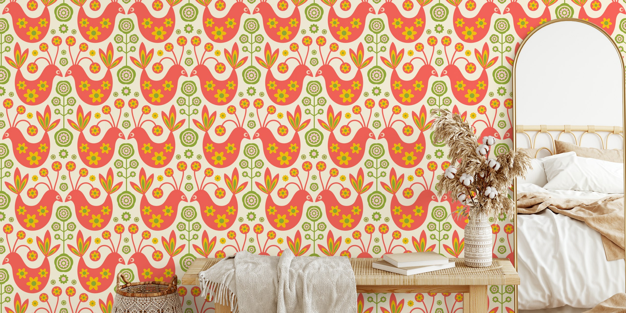 Coral retro floral pattern featuring birds and flowers wallpaper