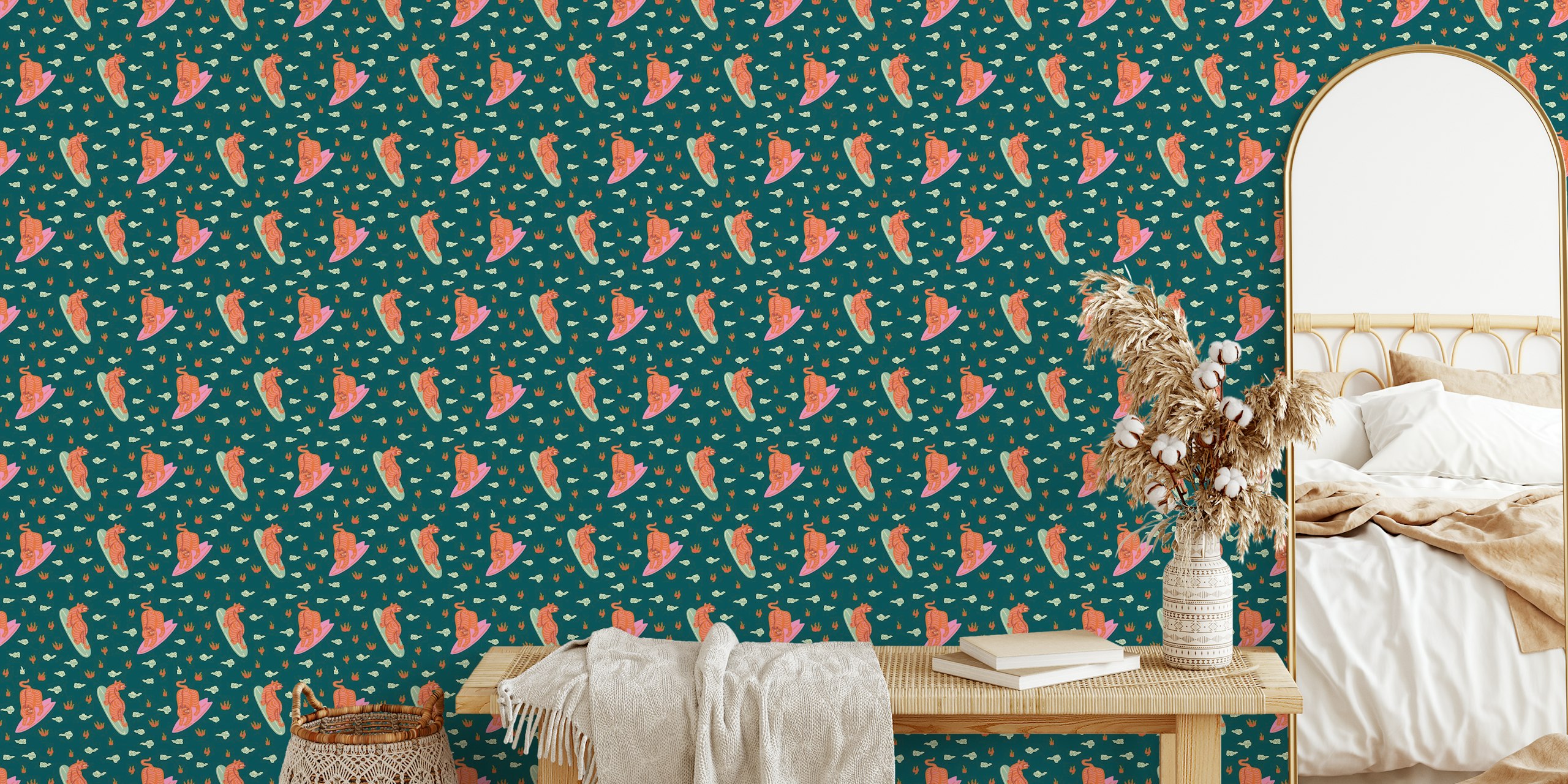 Tigers on surfboards with clouds and plants, colorful wallpaper