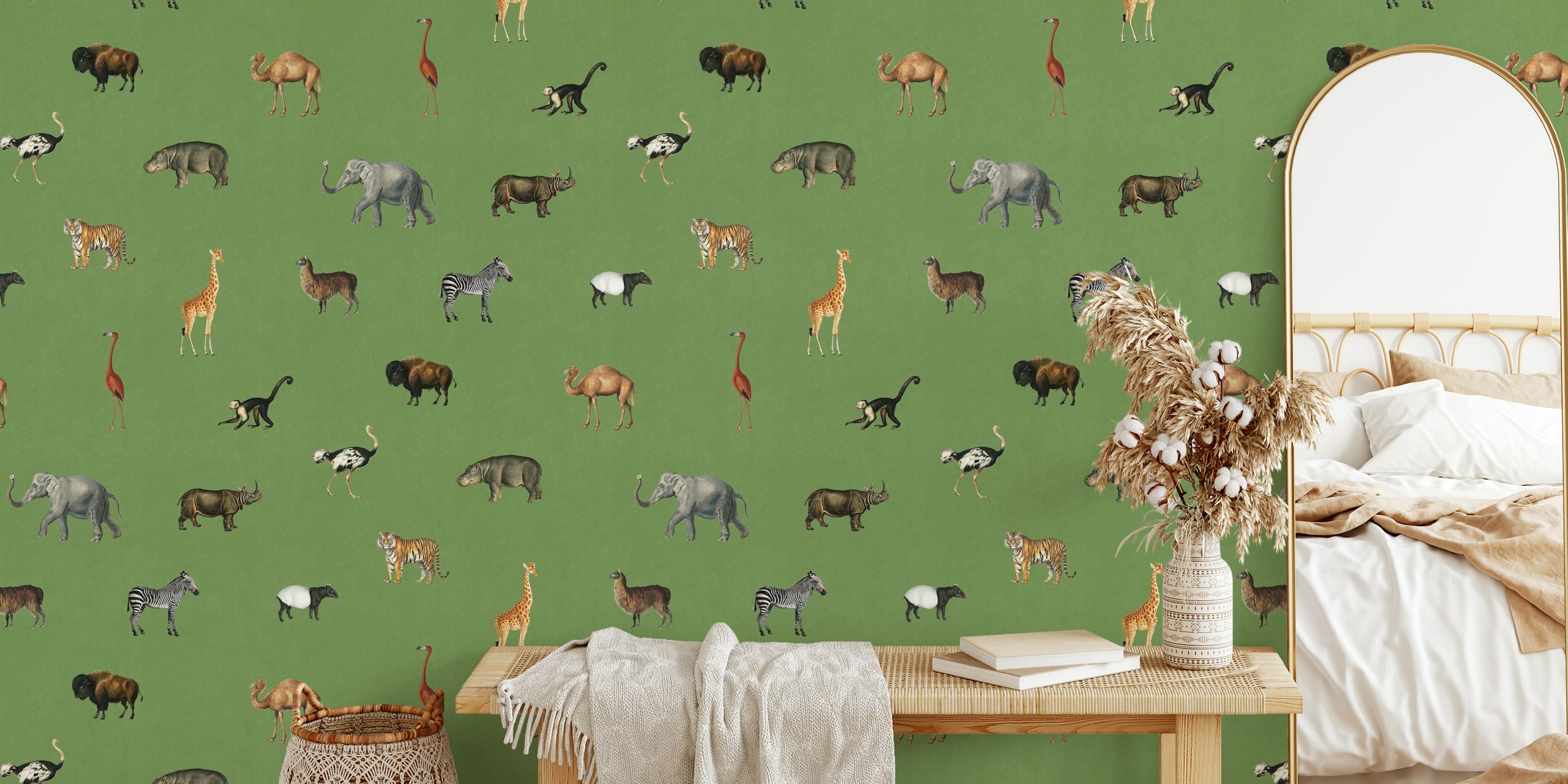Green wallpaper with various animal illustrations including elephants, giraffes, and zebras