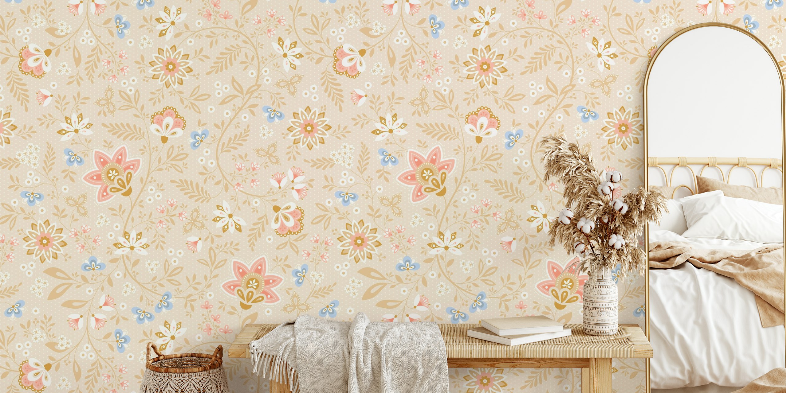 Floral champagne wallpaper with pink and blue flowers, botanical patterns
