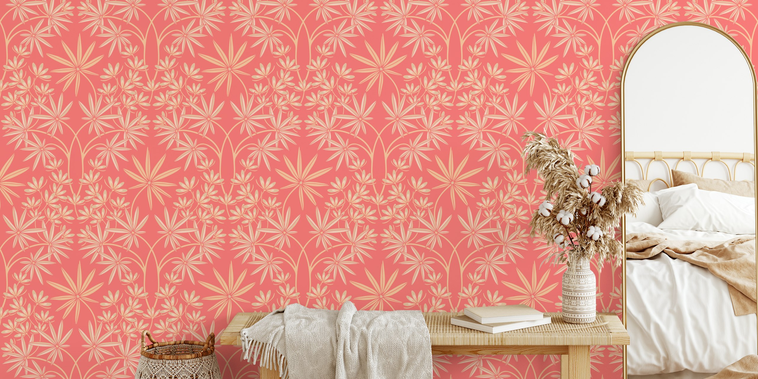Peach floral damask pattern wallpaper featuring soft leaves and flowers