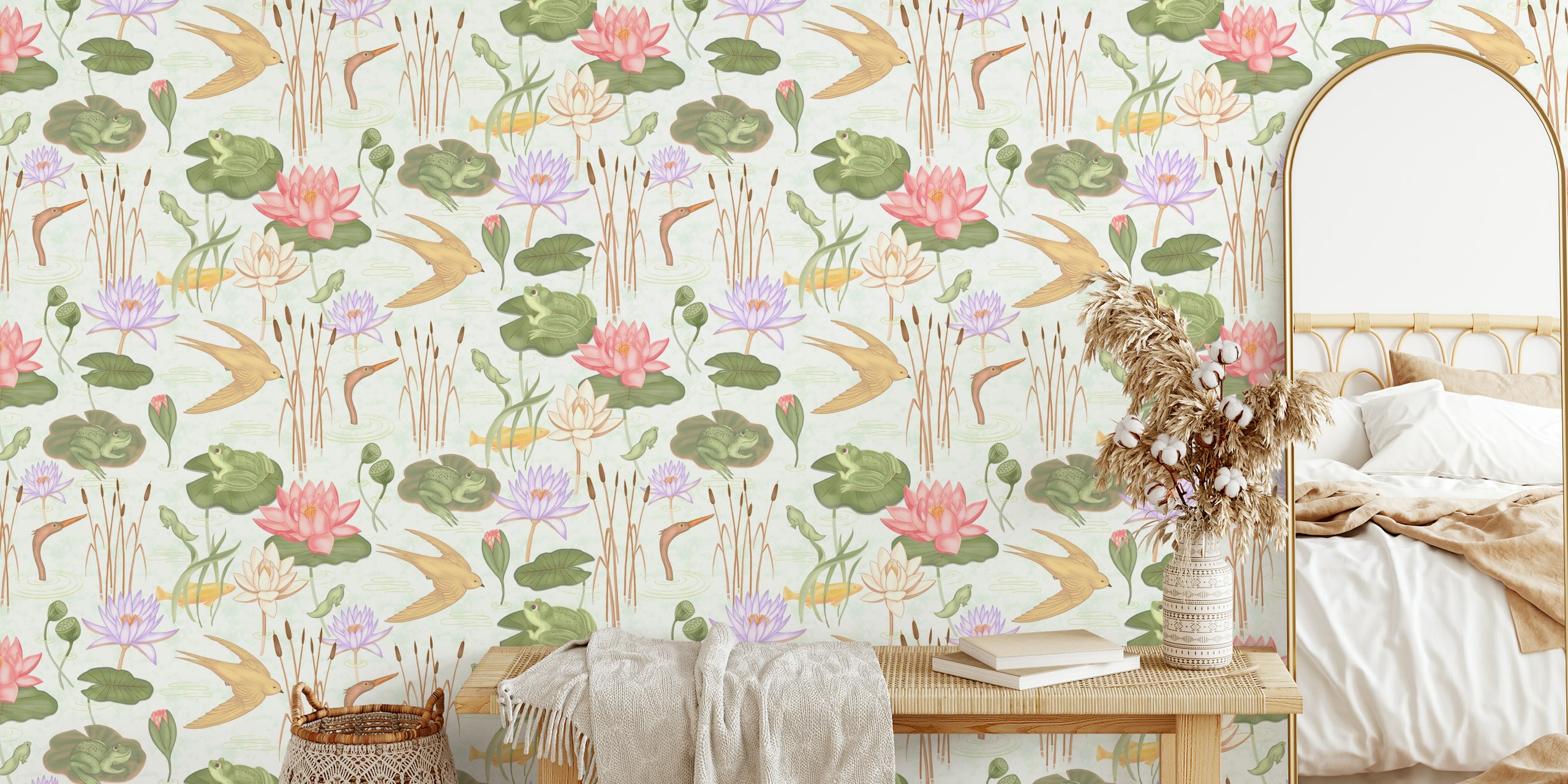 Frog and lotus illustrations in pastel colors wall mural