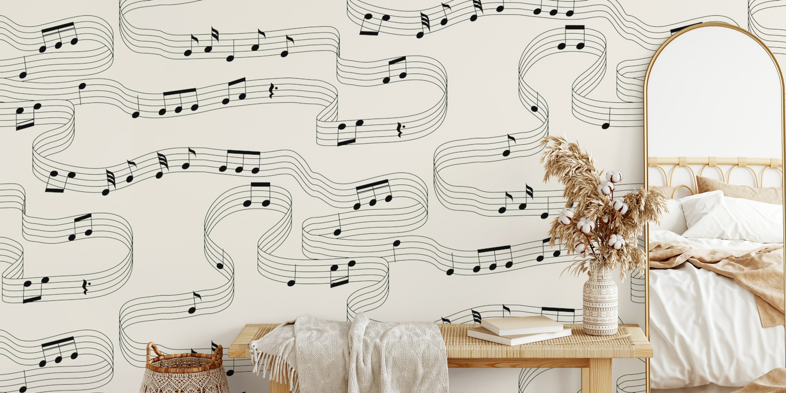 Musical notes black and cream wallpaper in a room