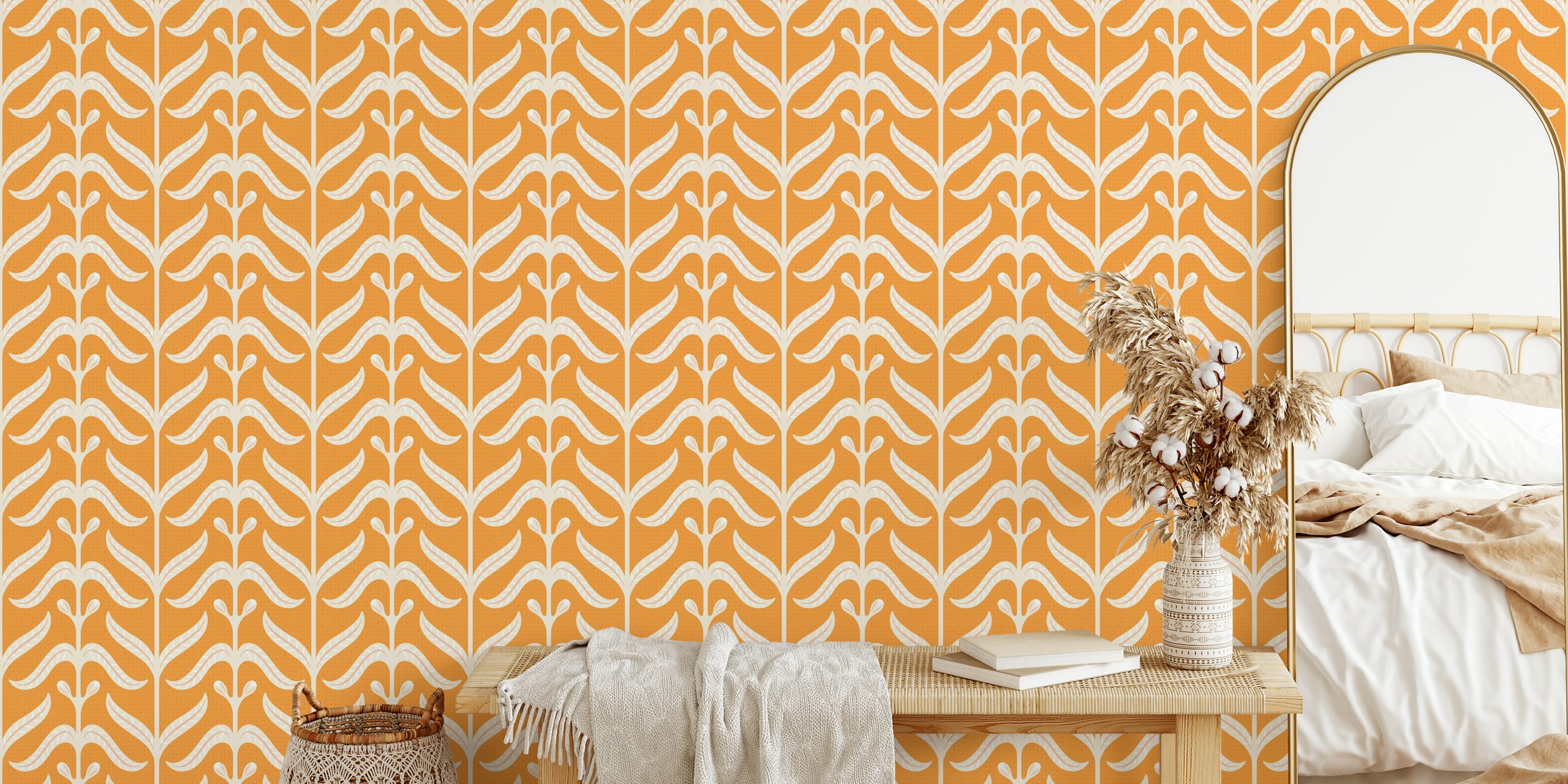 Orange floral pattern with white details wallpaper