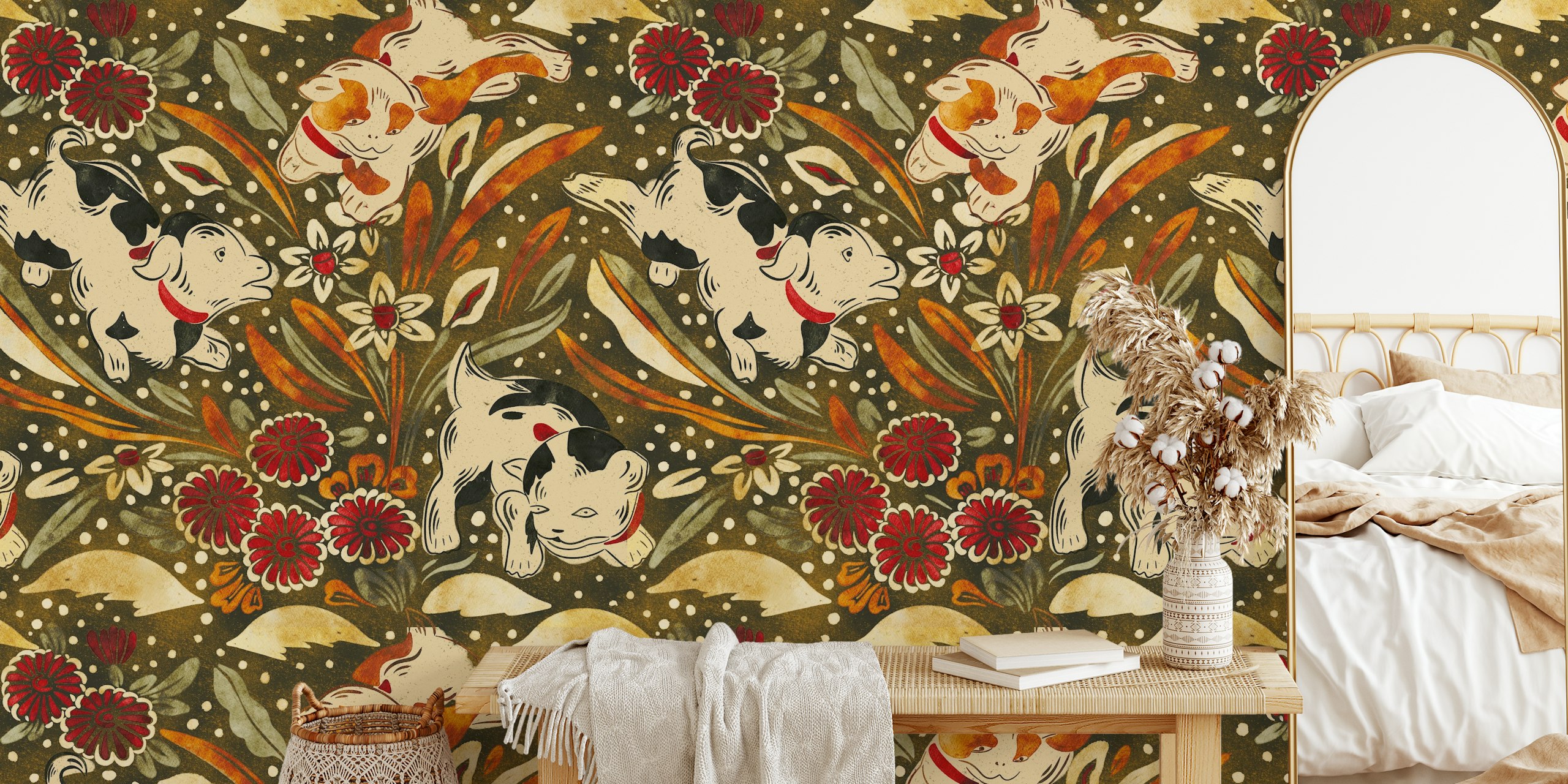 Dogs Among Flowers design de papel de parede