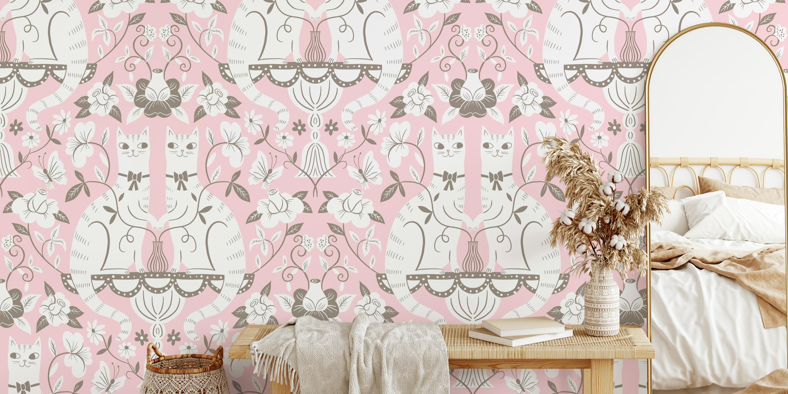 Damask romantic cats wallpaper in a room